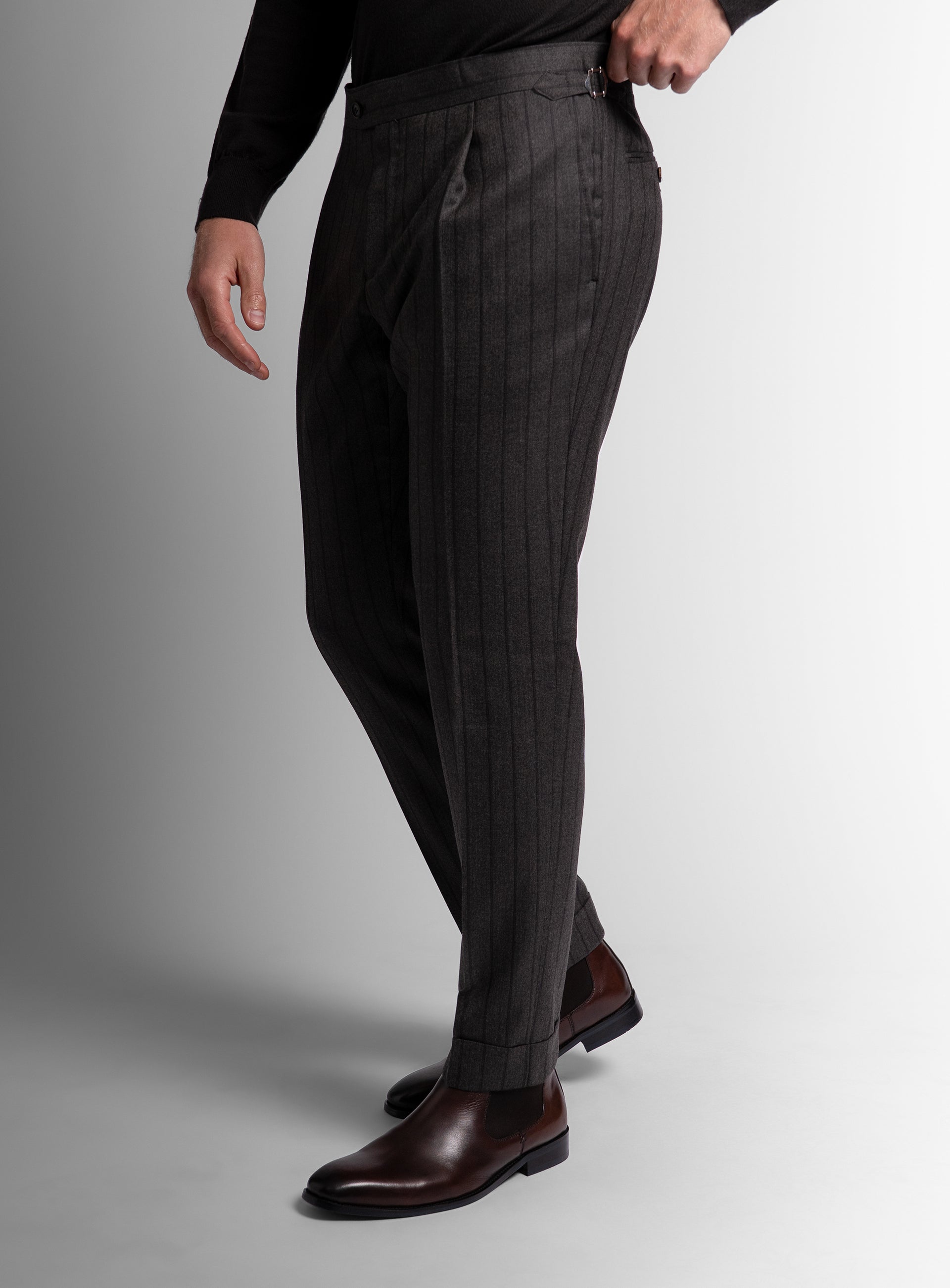 The side of the Sienna Striped Brown Trousers
