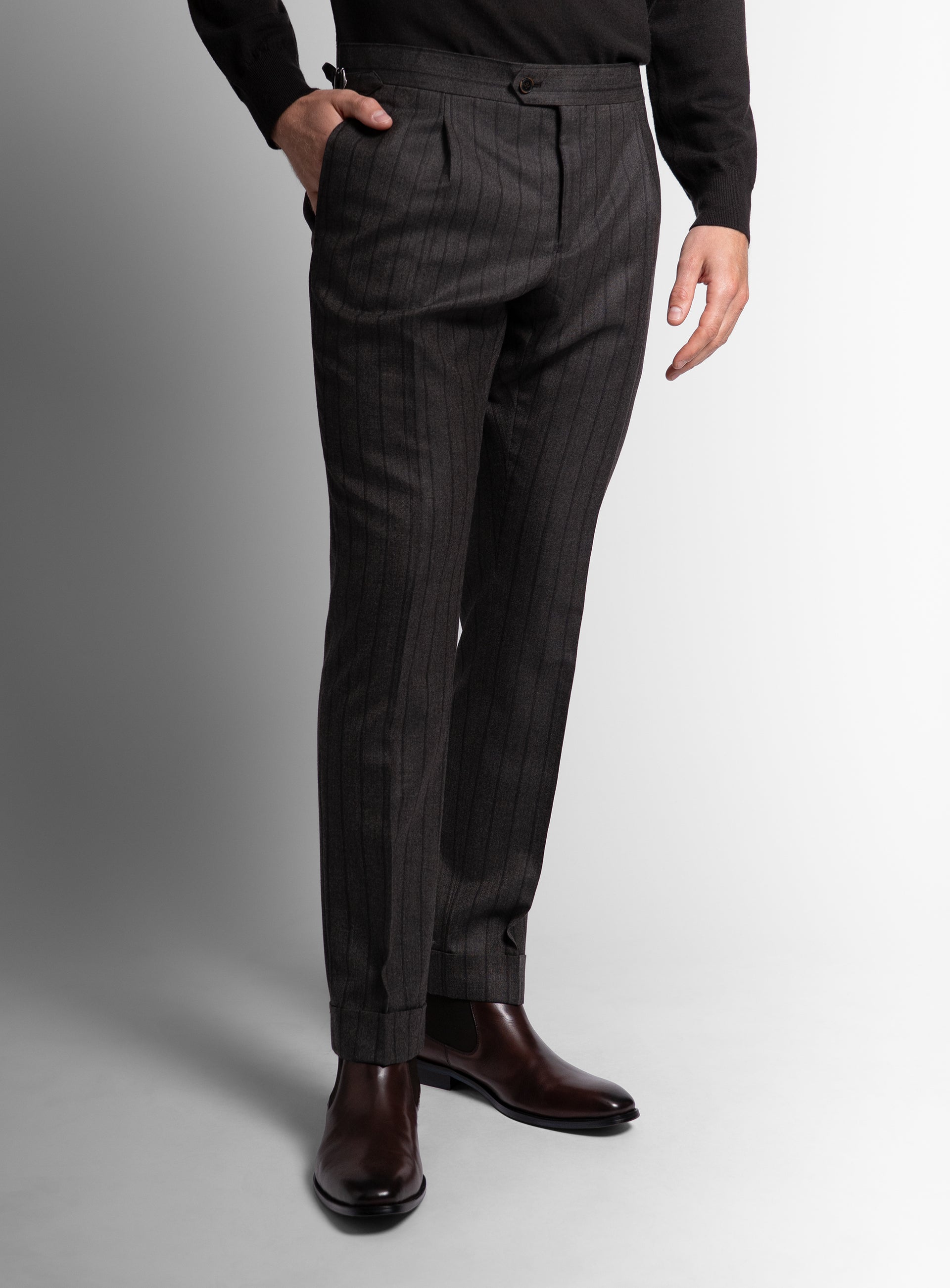 Man wearing the Sienna Striped Brown Trousers