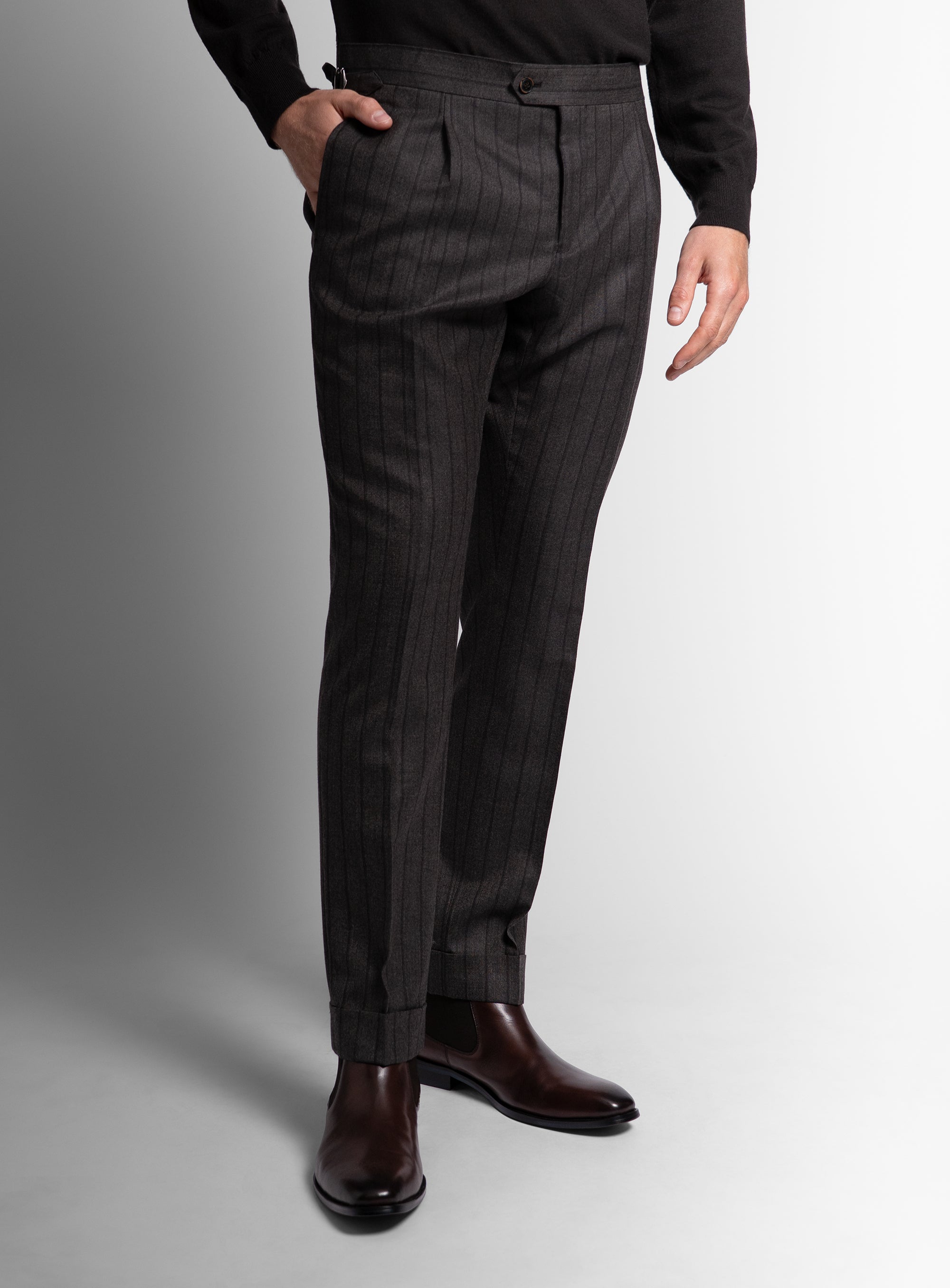 Man wearing the Sienna Striped Brown Trousers