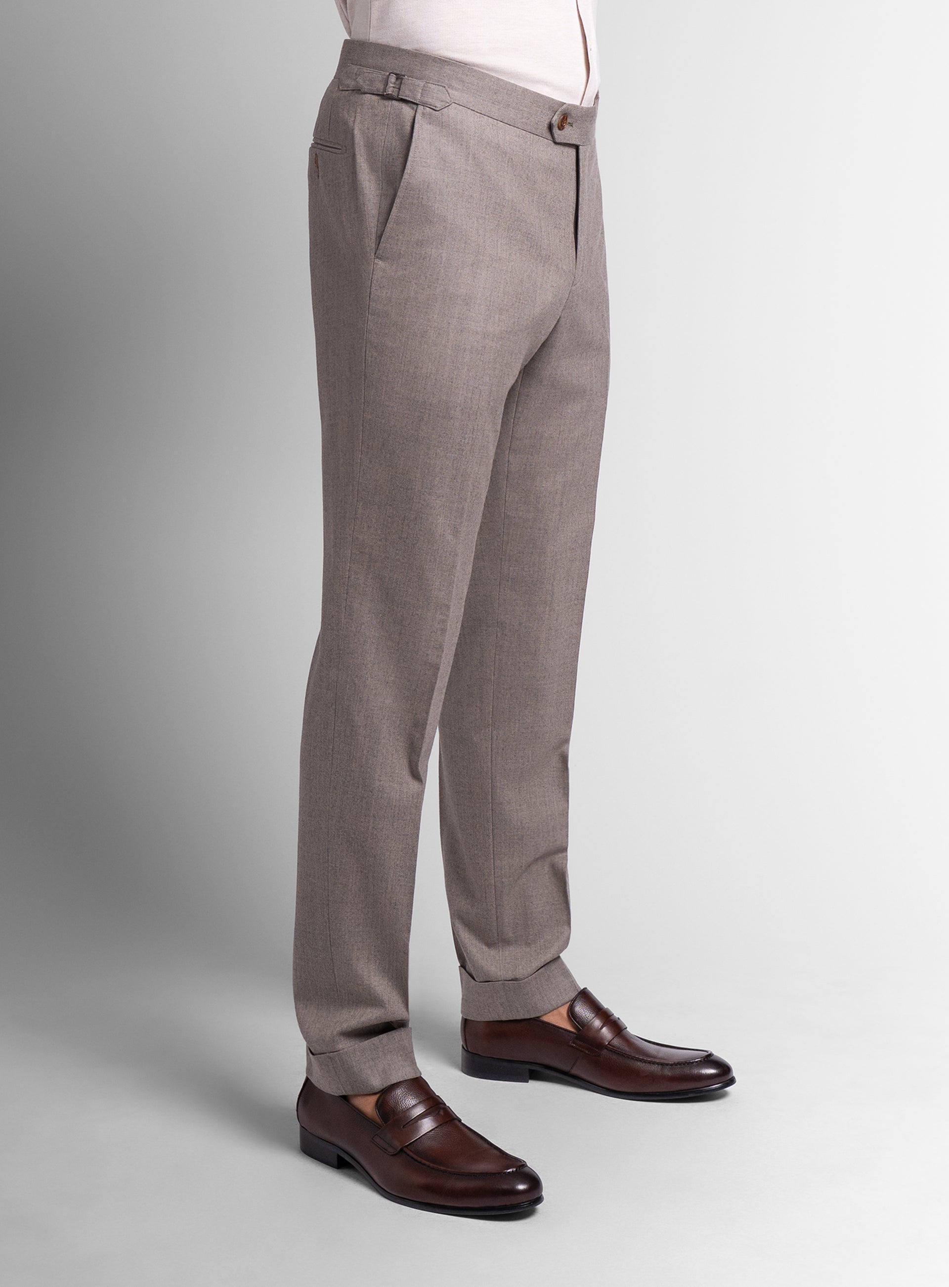 Side-view of the Argenta Fawn Wool Flannel Trousers