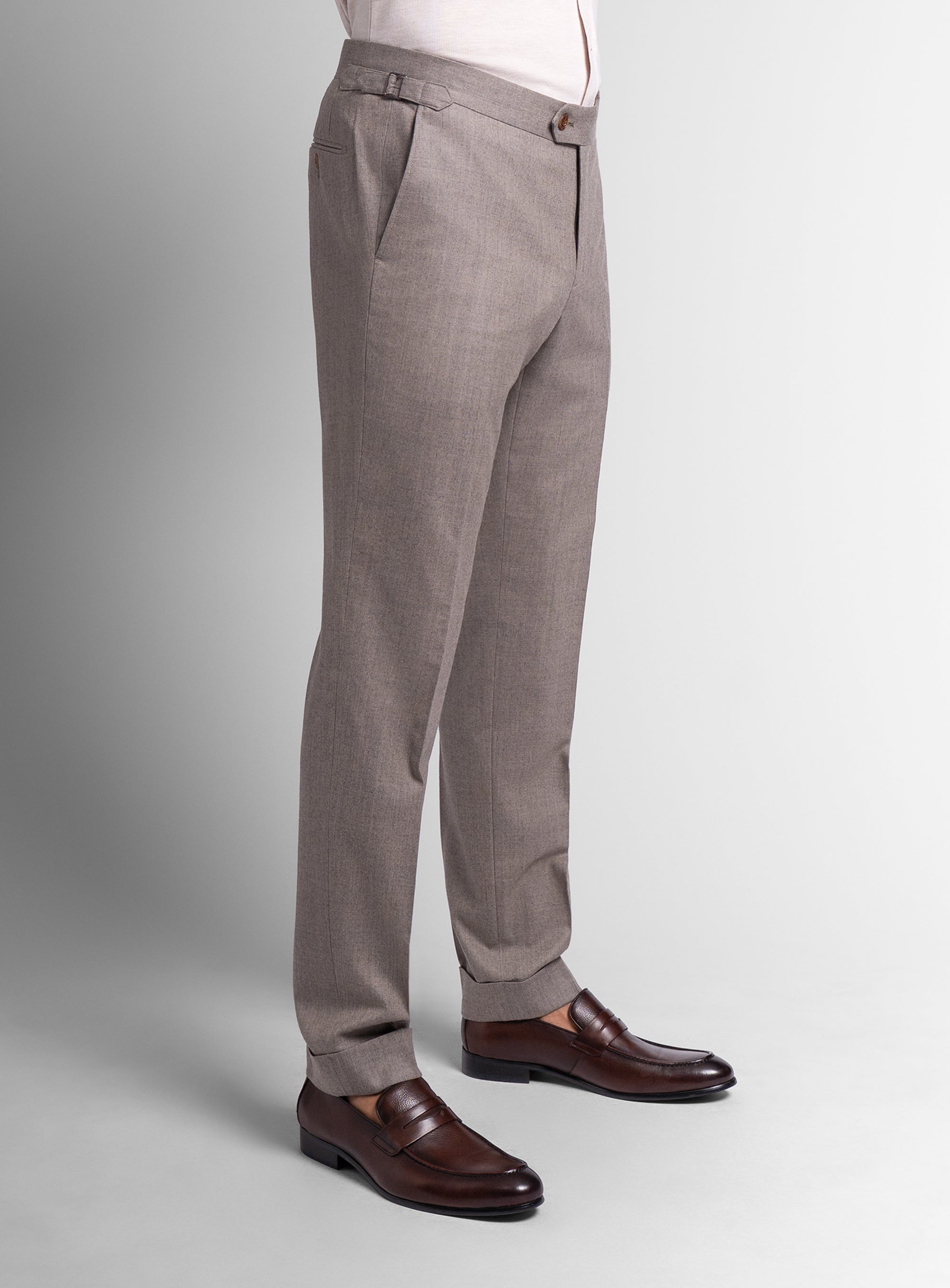 Side-view of the Argenta Fawn Wool Flannel Trousers