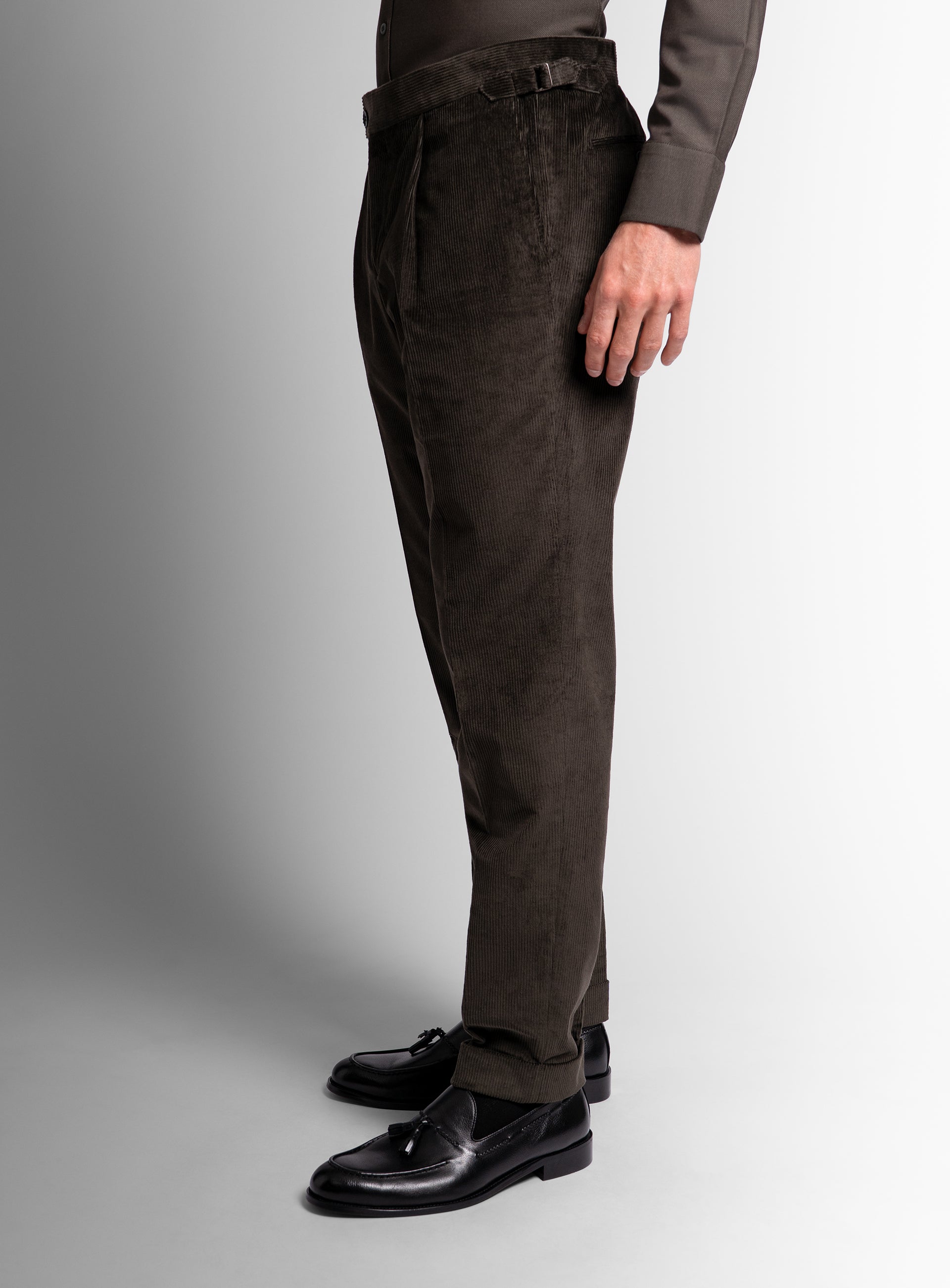 The side of the Sienna Corduroy Olive Green Trousers