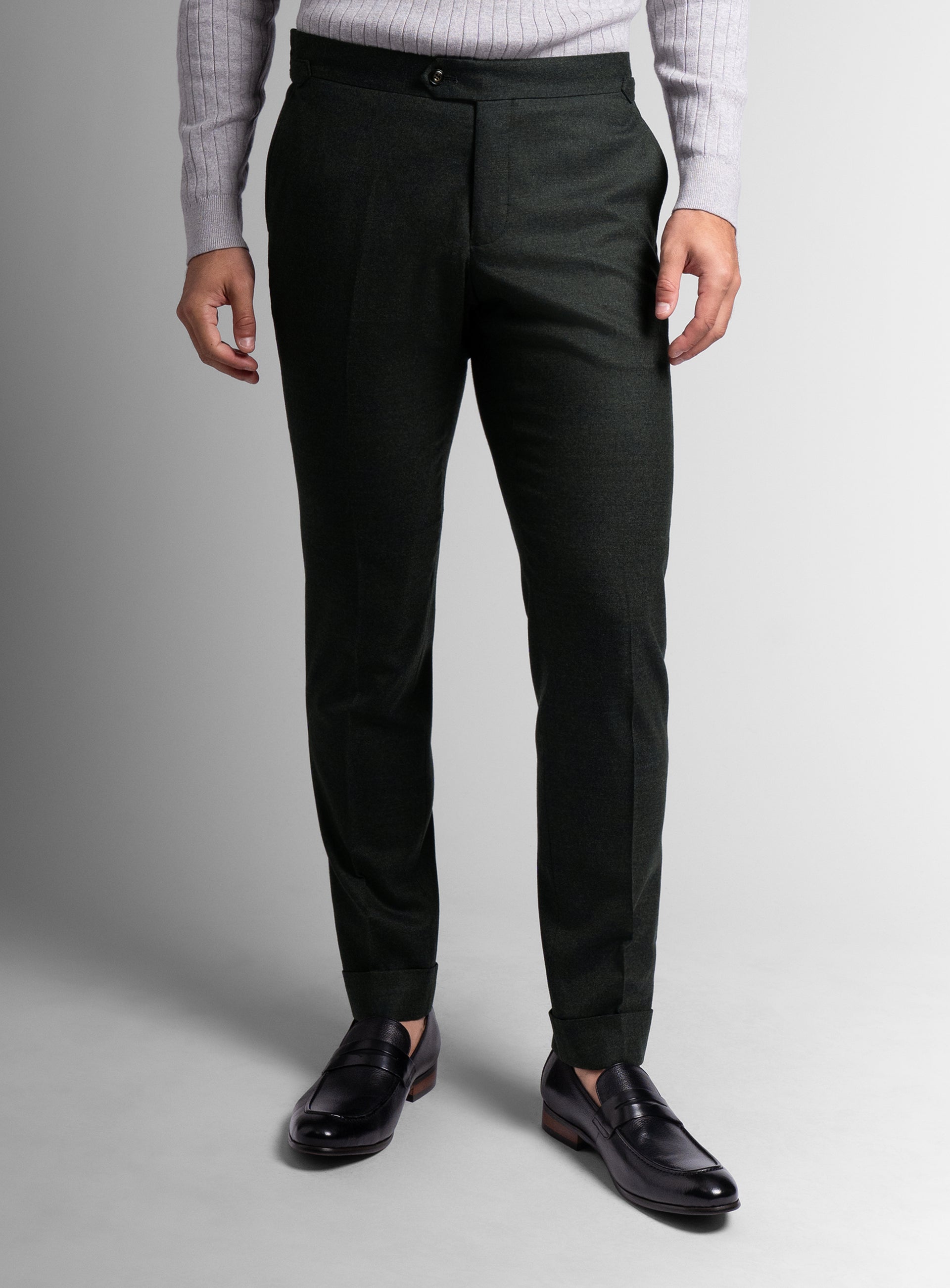 Person wearing the Argenta Olive Wool Flannel Trousers