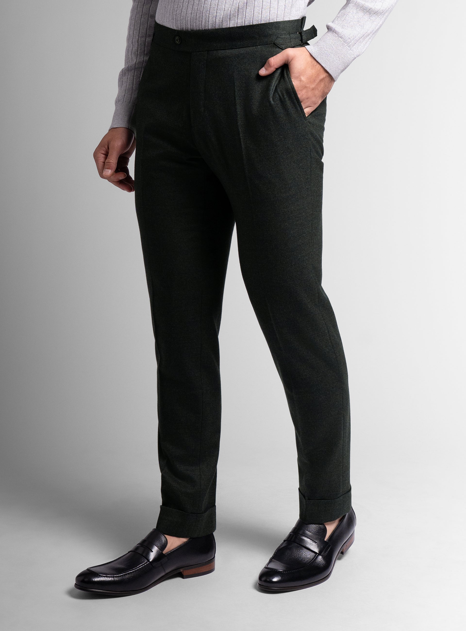 Right-side of the Argenta Olive Wool Flannel Trousers