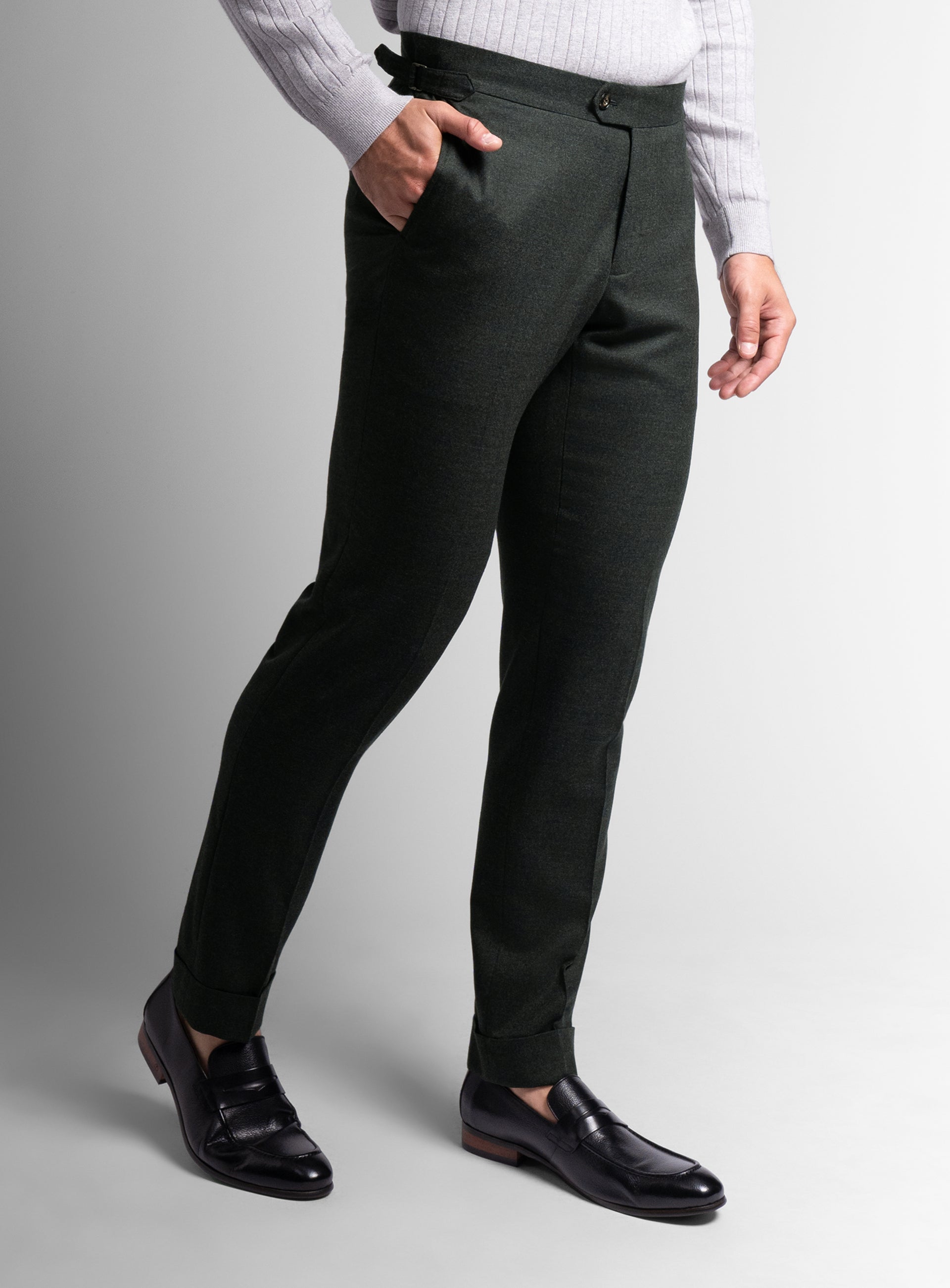 Left-side of the Argenta Olive Wool Flannel Trousers