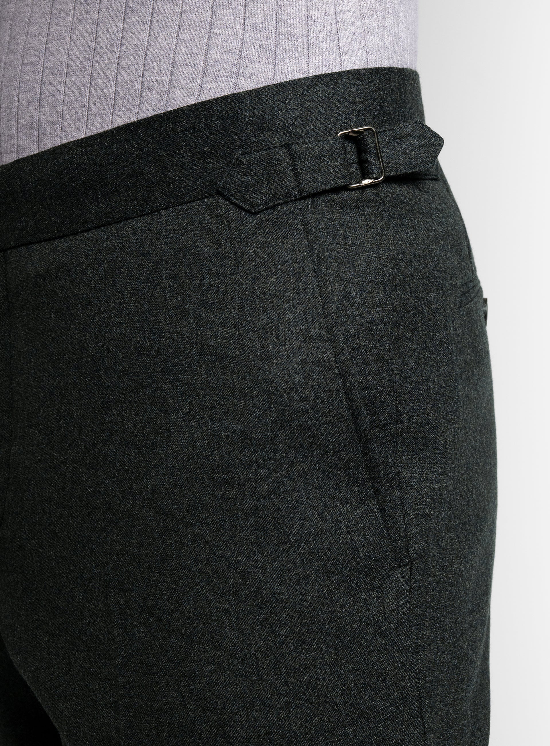Side-adjusters on the Argenta Olive Wool Flannel Trousers