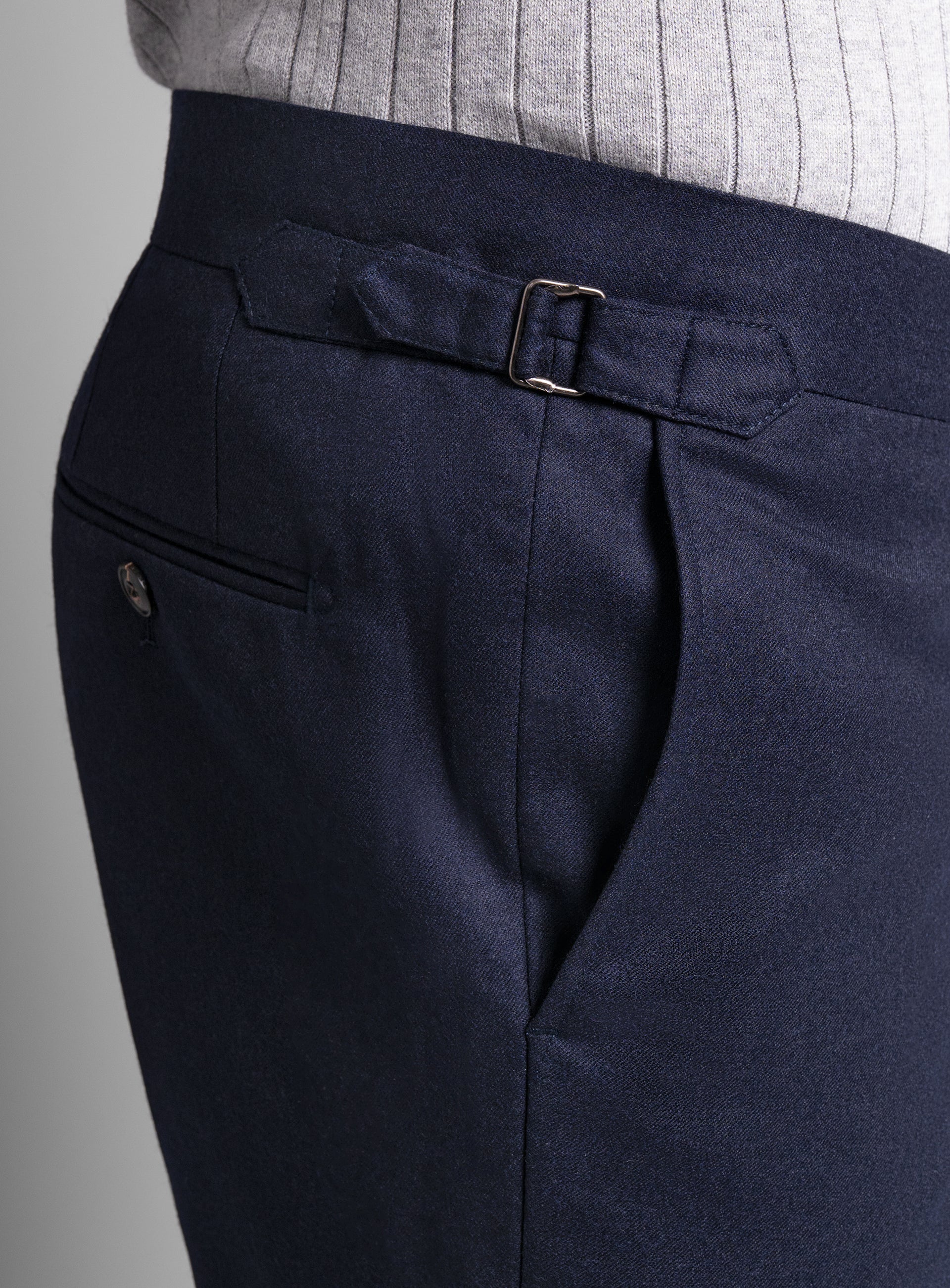 Side-adjusters on the Argenta Navy Wool Flannel Trousers
