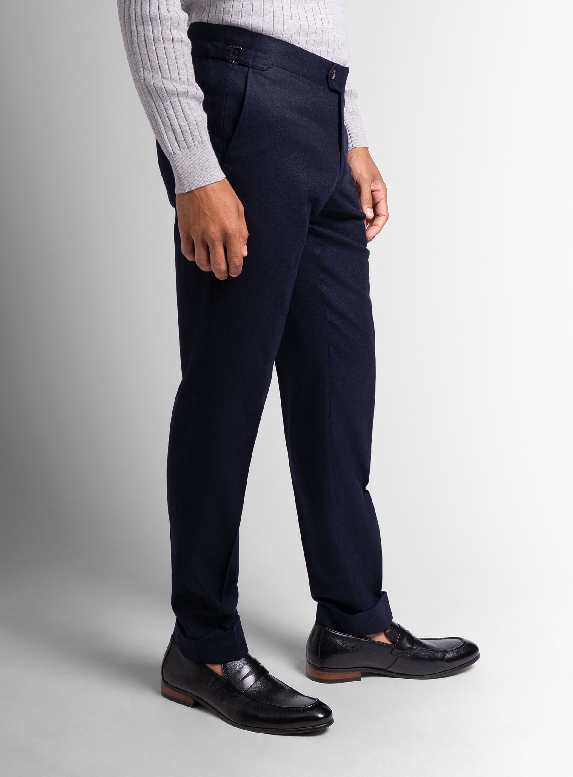 Side-view of the Argenta Navy Wool Flannel Trousers