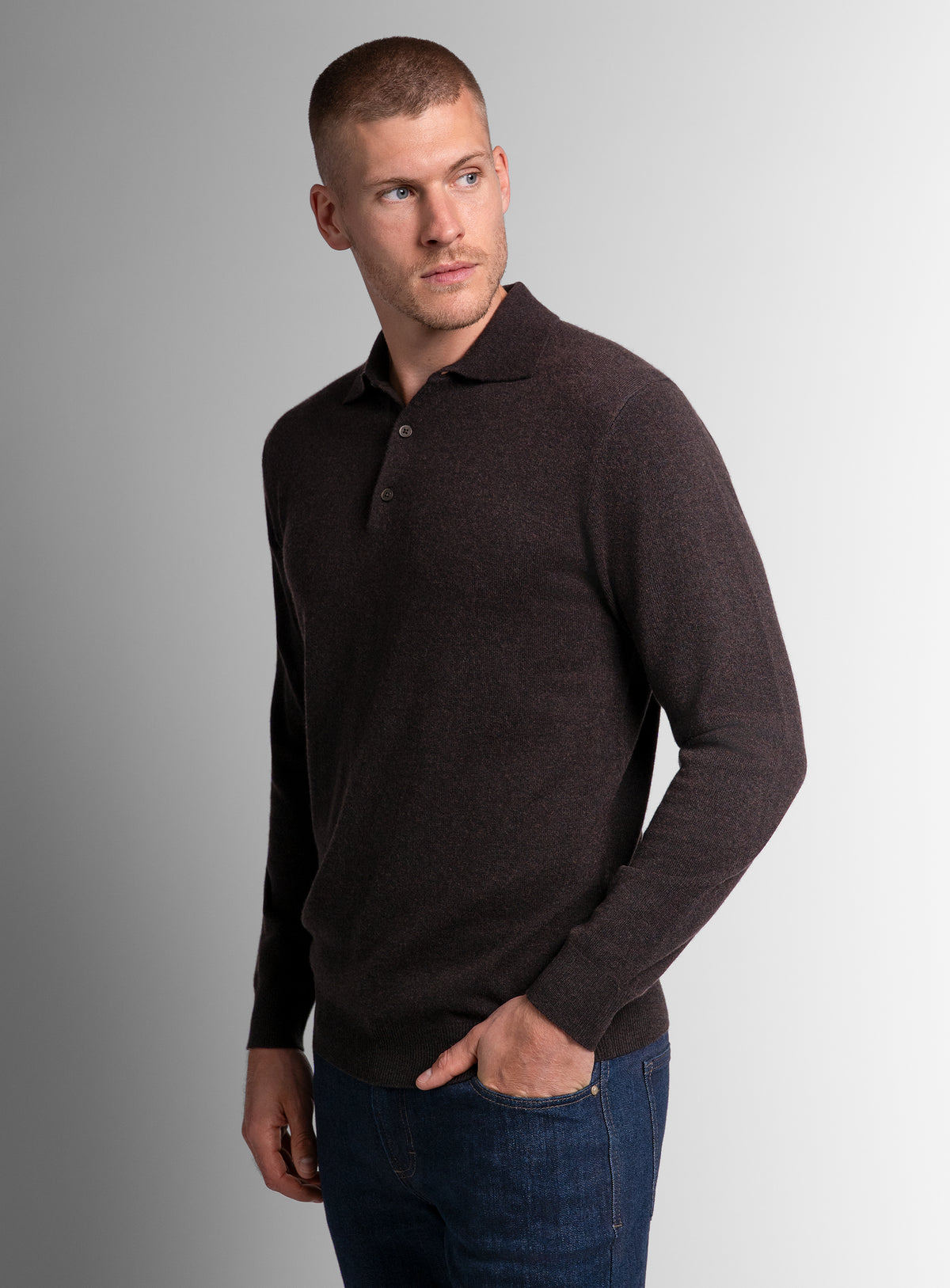 Wool/Cashmere Long Sleeve Chocolate Polo Knit | Peter Jackson