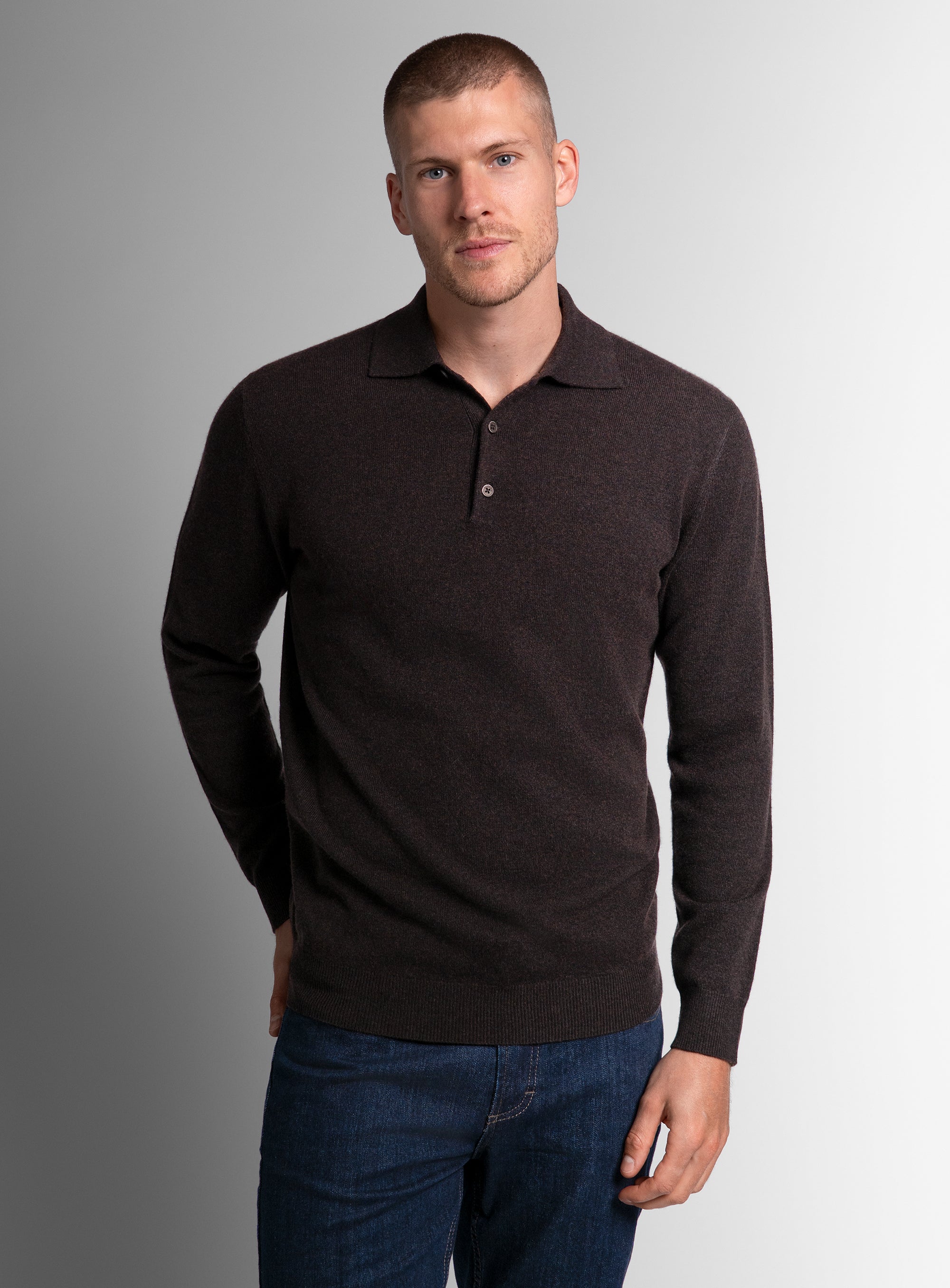 Wool/Cashmere Long Sleeve Chocolate Polo Knit