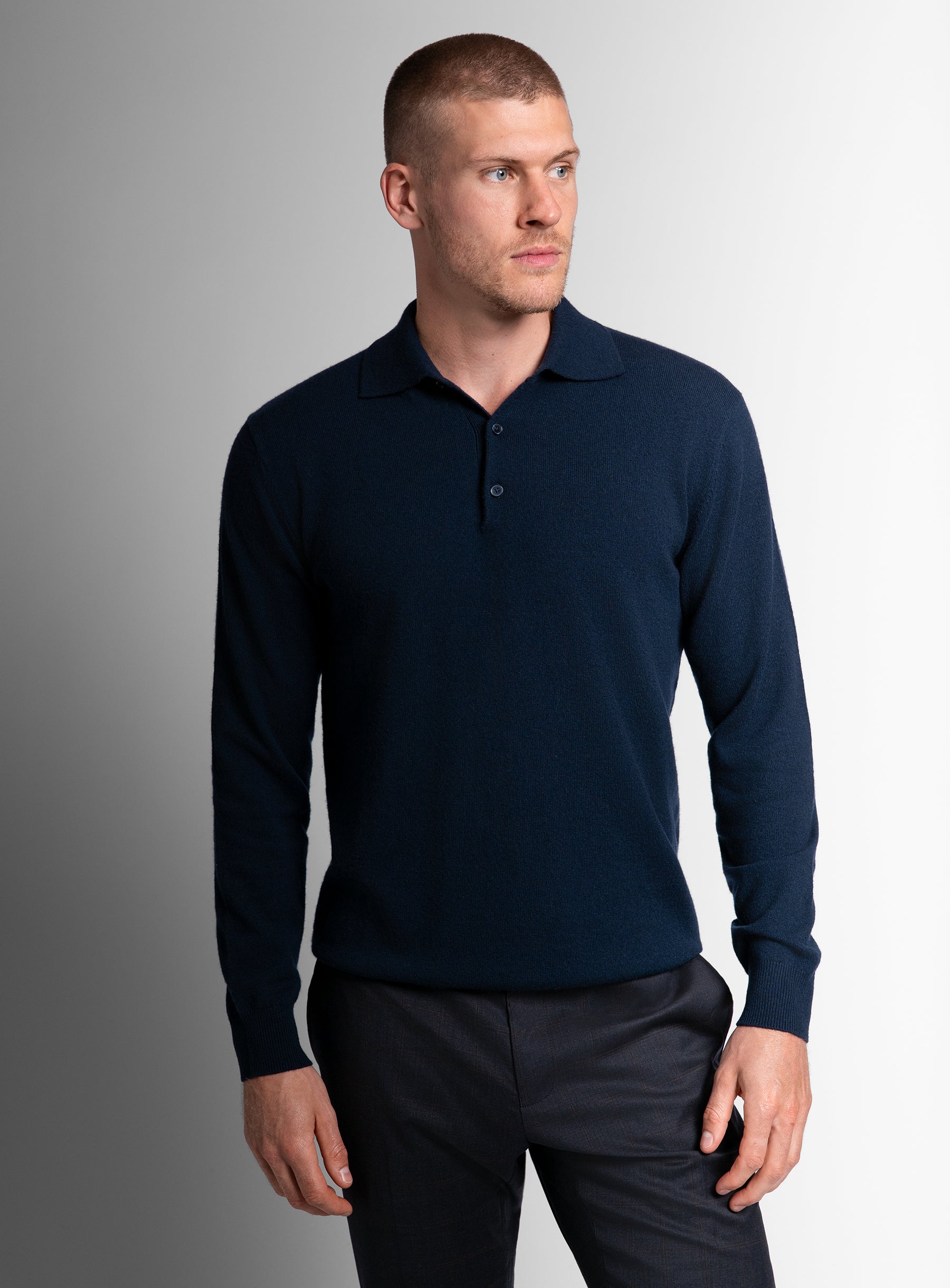 Wool/Cashmere Long Sleeve Navy Polo Knit