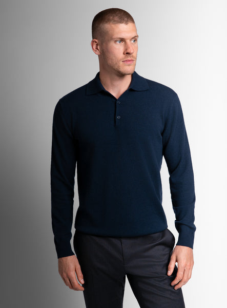 Wool-Cashmere Long Sleeve Navy Polo Knit | Peter Jackson