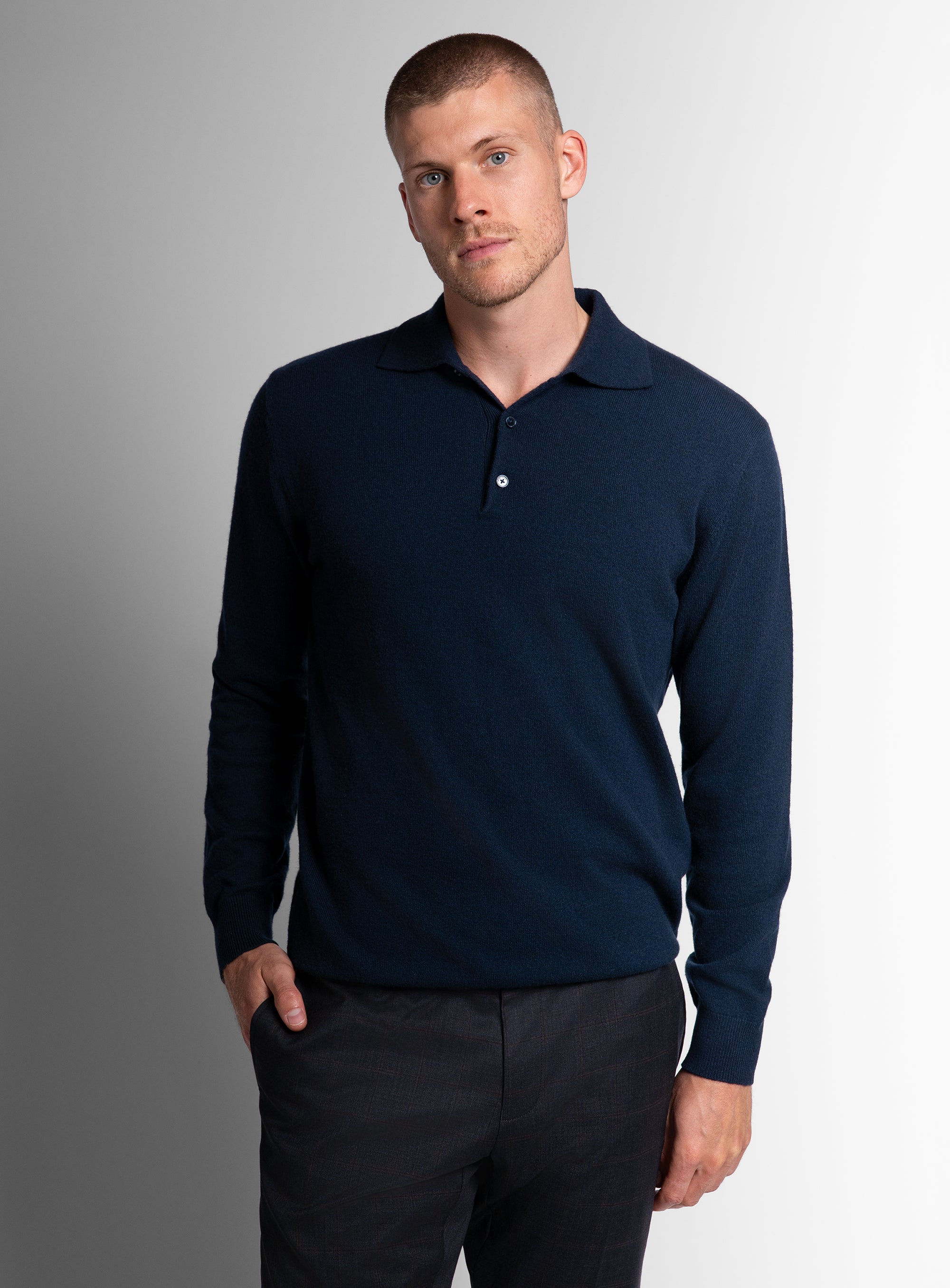 Wool/Cashmere Long Sleeve Navy Polo Knit