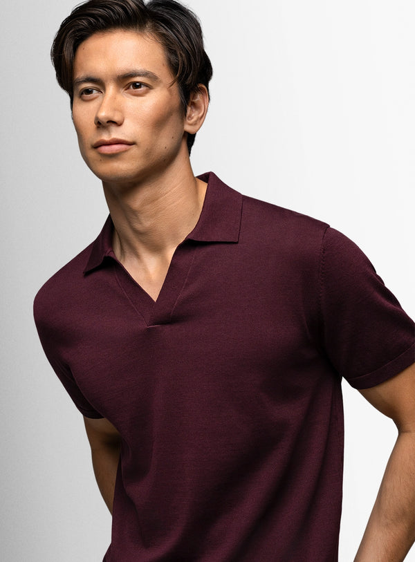 Man wearing a maroon polo shirt against a plain background