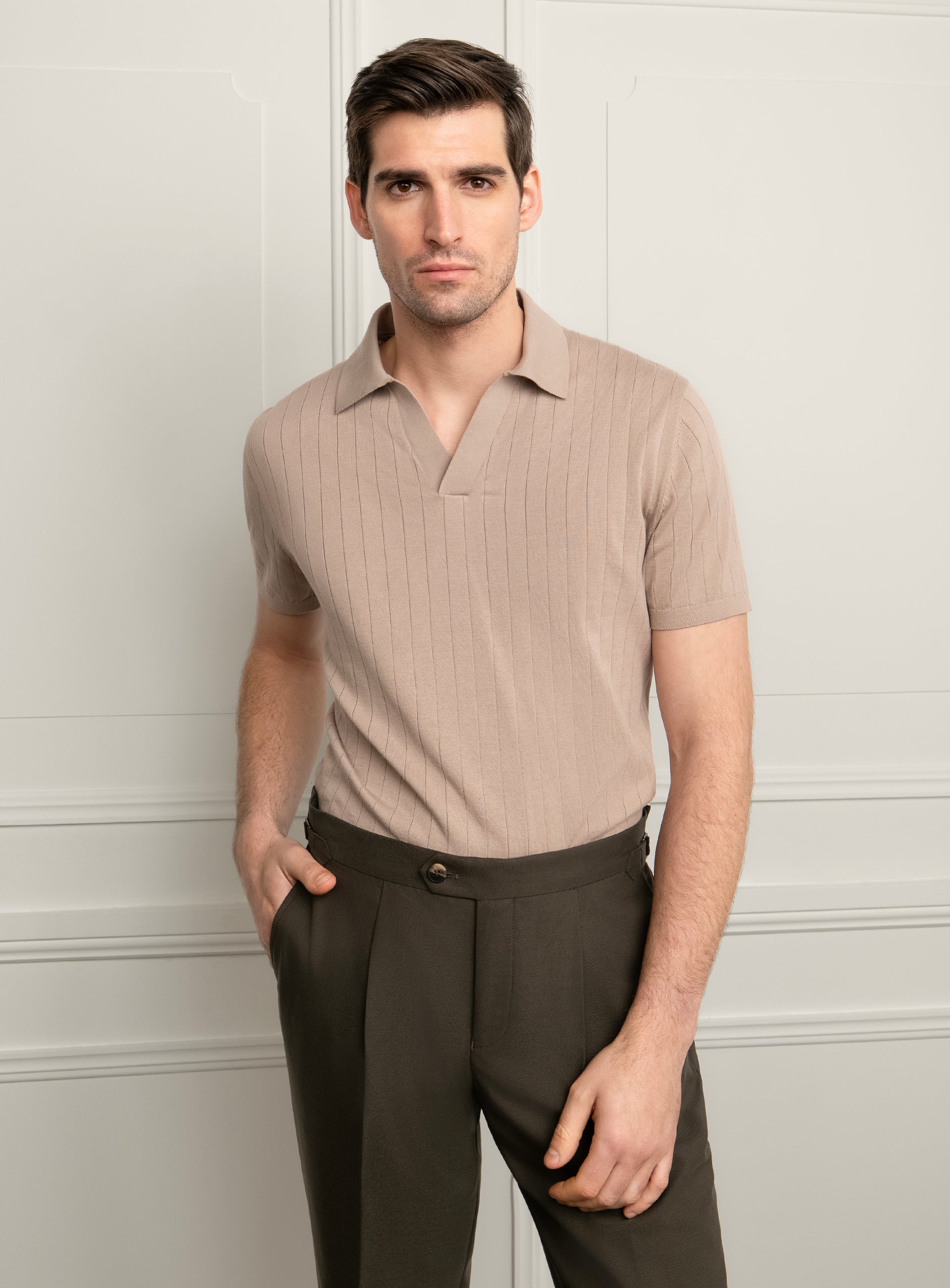 Gaspar Ribbed Taupe Brown Polo Shirt