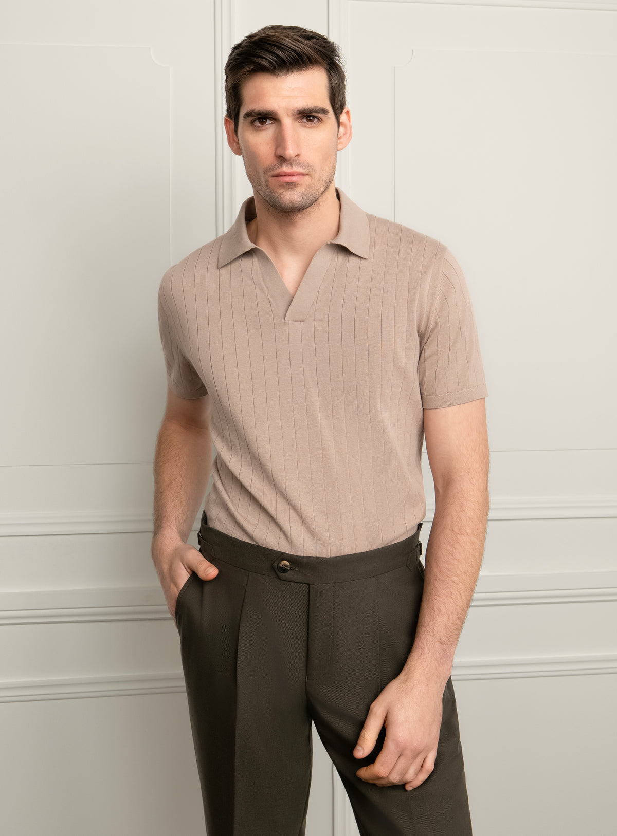 Gaspar Ribbed Taupe Brown Polo Shirt