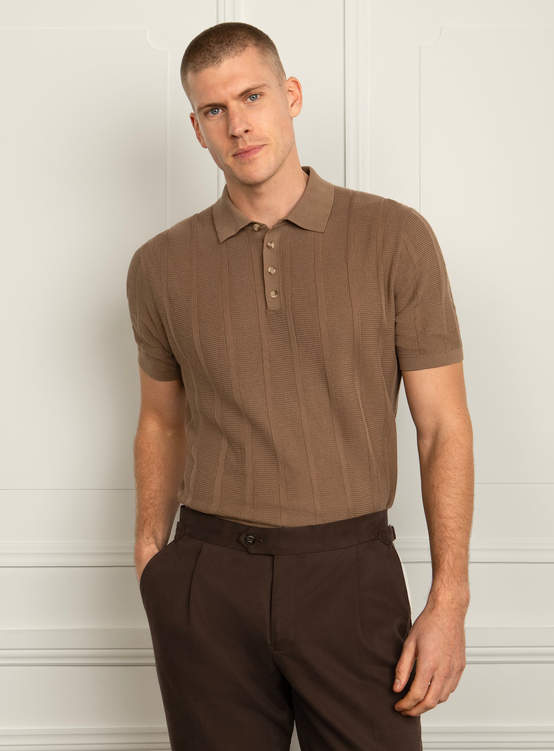 Cavazza Stripe Brown Knit Polo Shirt