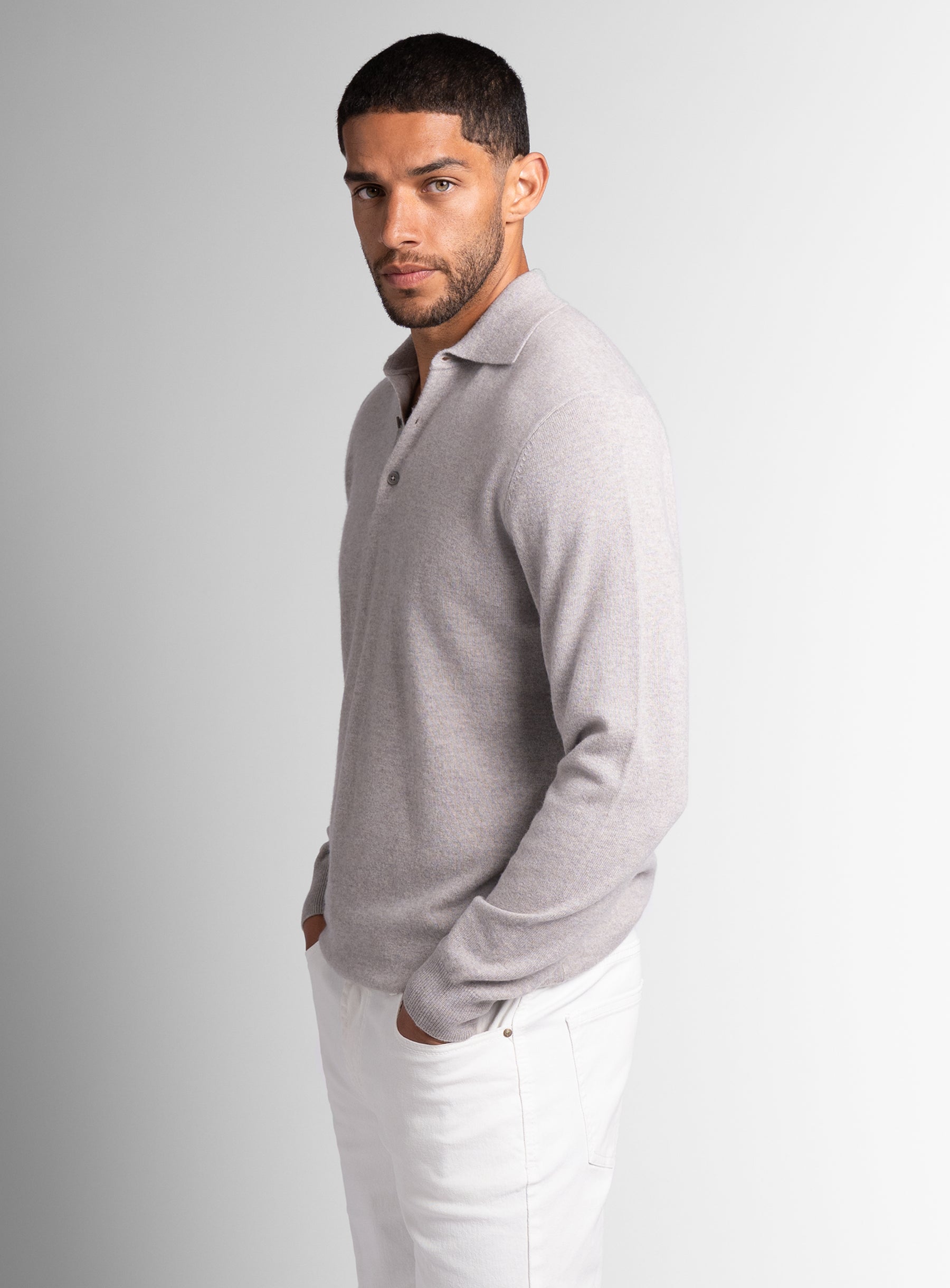 Wool/Cashmere Long Sleeve Taupe Polo Knit