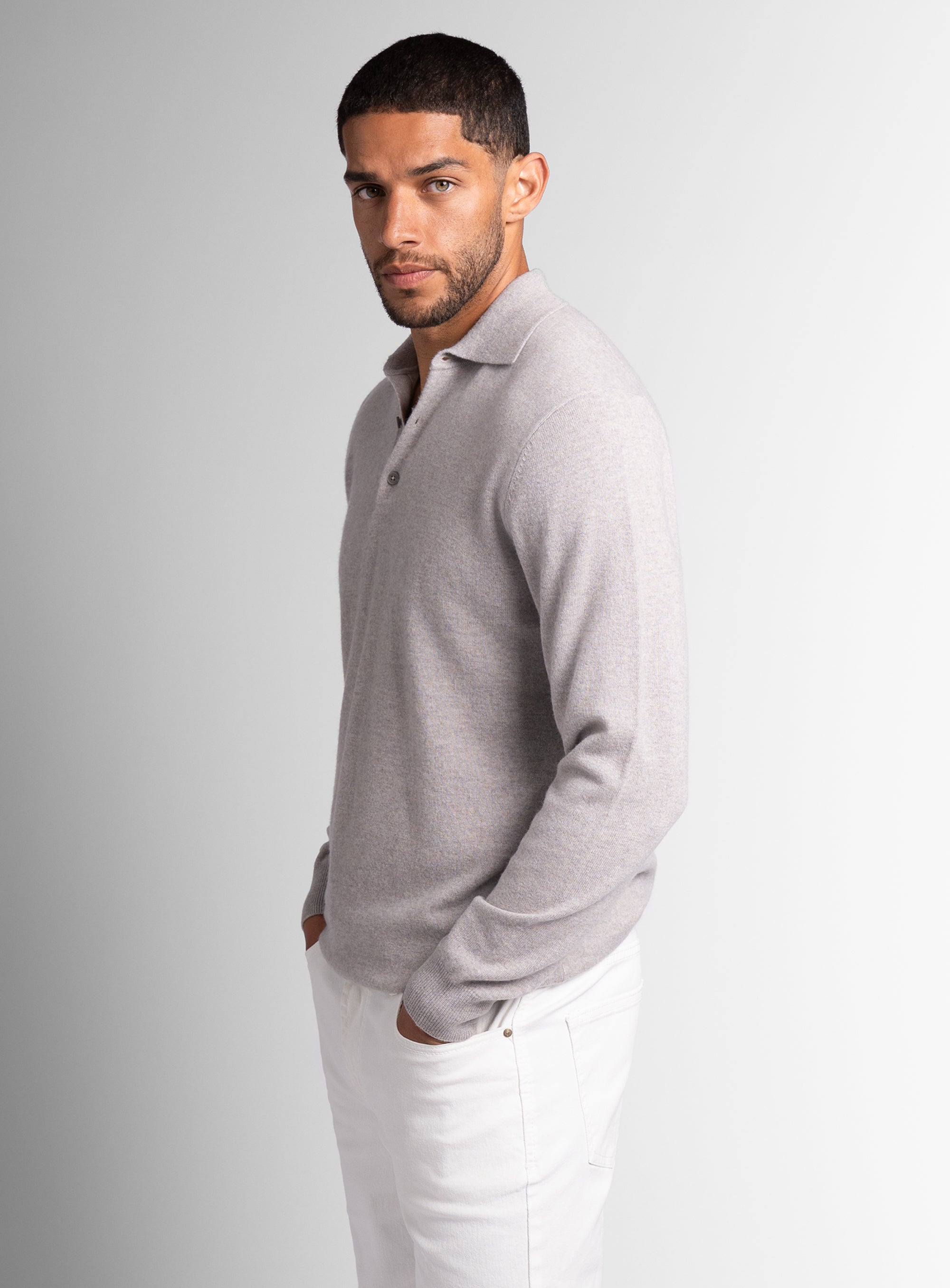Wool/Cashmere Long Sleeve Taupe Polo Knit