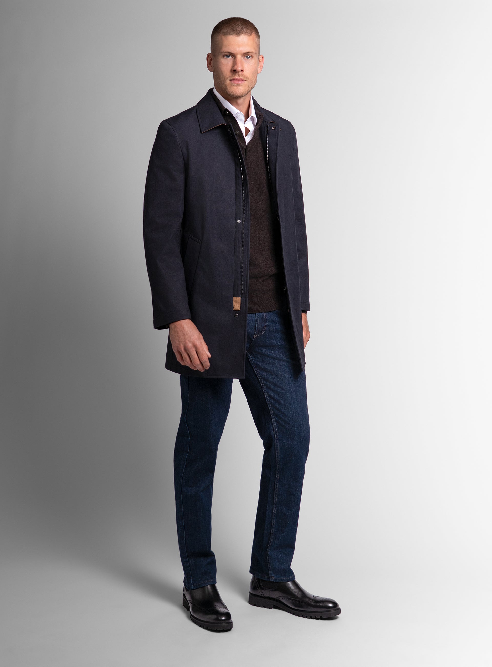 Man wearing the Lorenzo Navy Raincoat