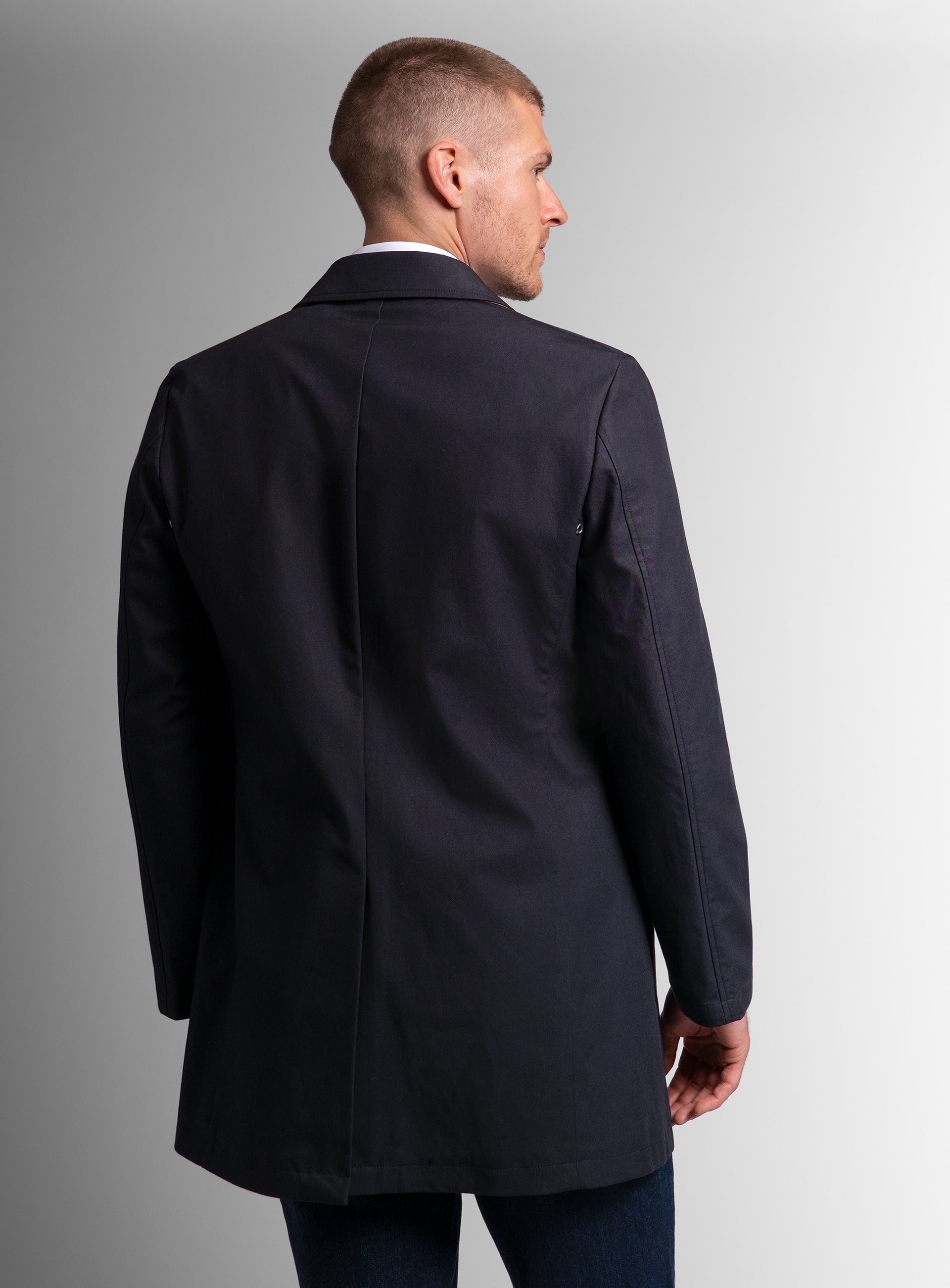 The back of the Lorenzo Navy Raincoat