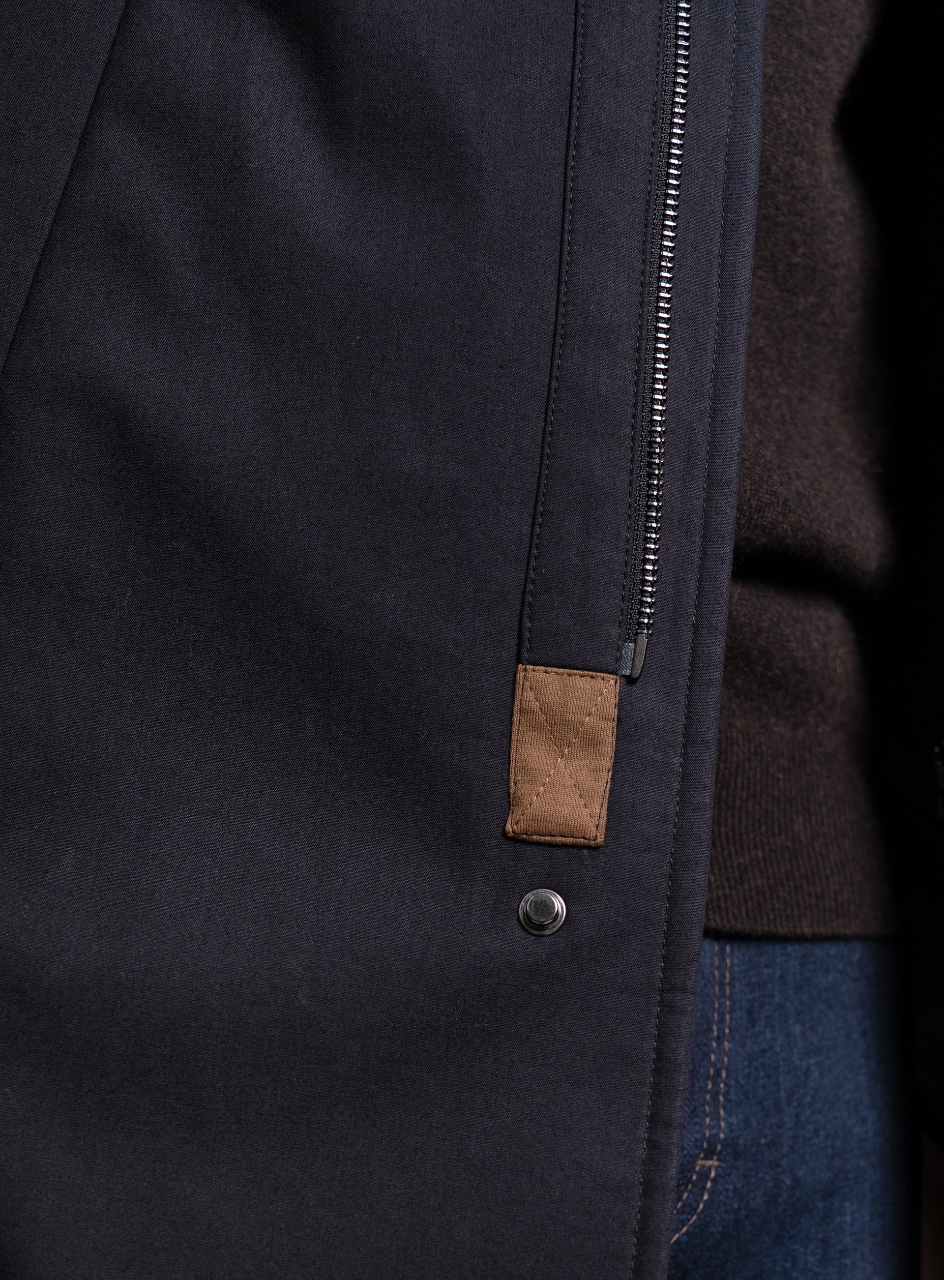 Close-up of the zippers on the Lorenzo Navy Raincoat