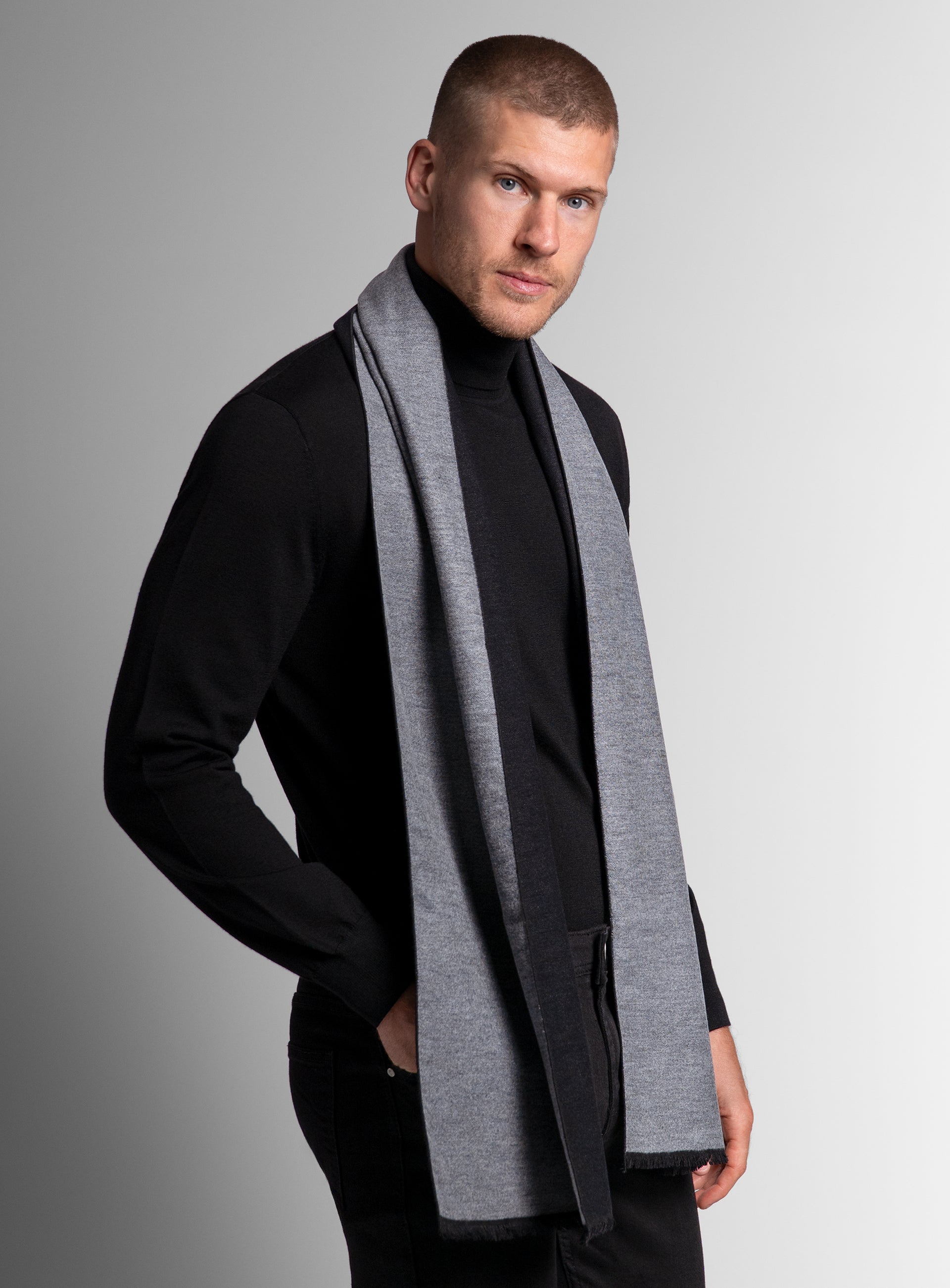 Man wearing the Black & Grey Silk Scarf