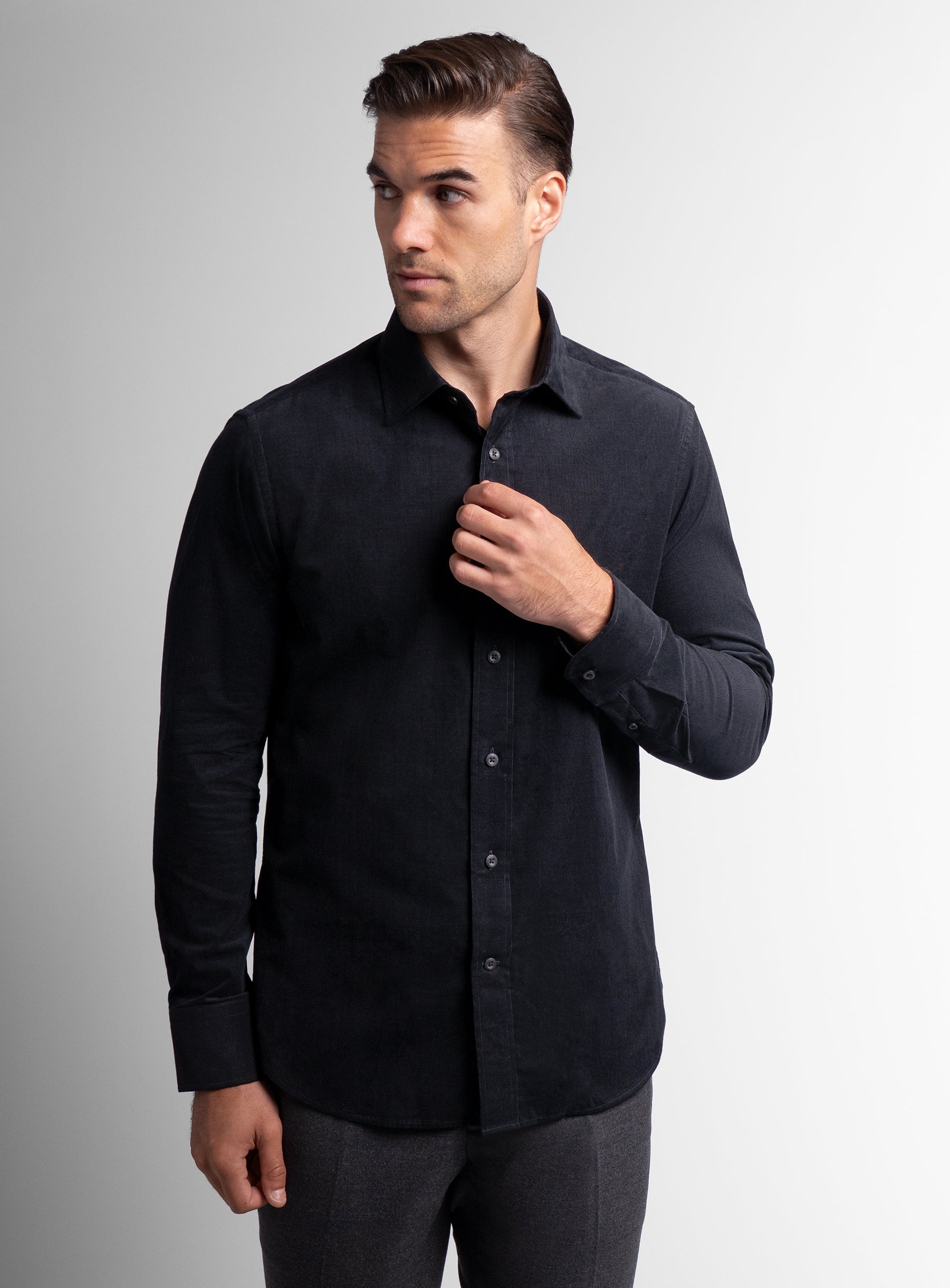 Piero Baby Cord Slim Fit Black Shirt