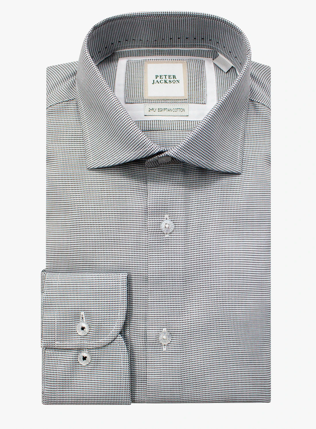 Gray checkered dress shirt with a Peter Jackson label on a white background
