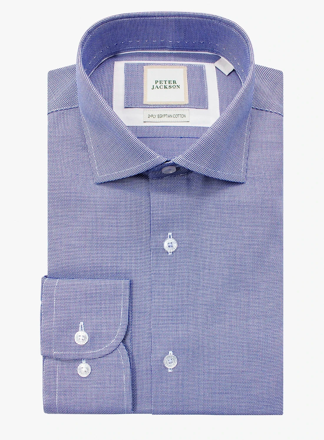 Blue checkered dress shirt with 'Peter Jackson' label on a white background