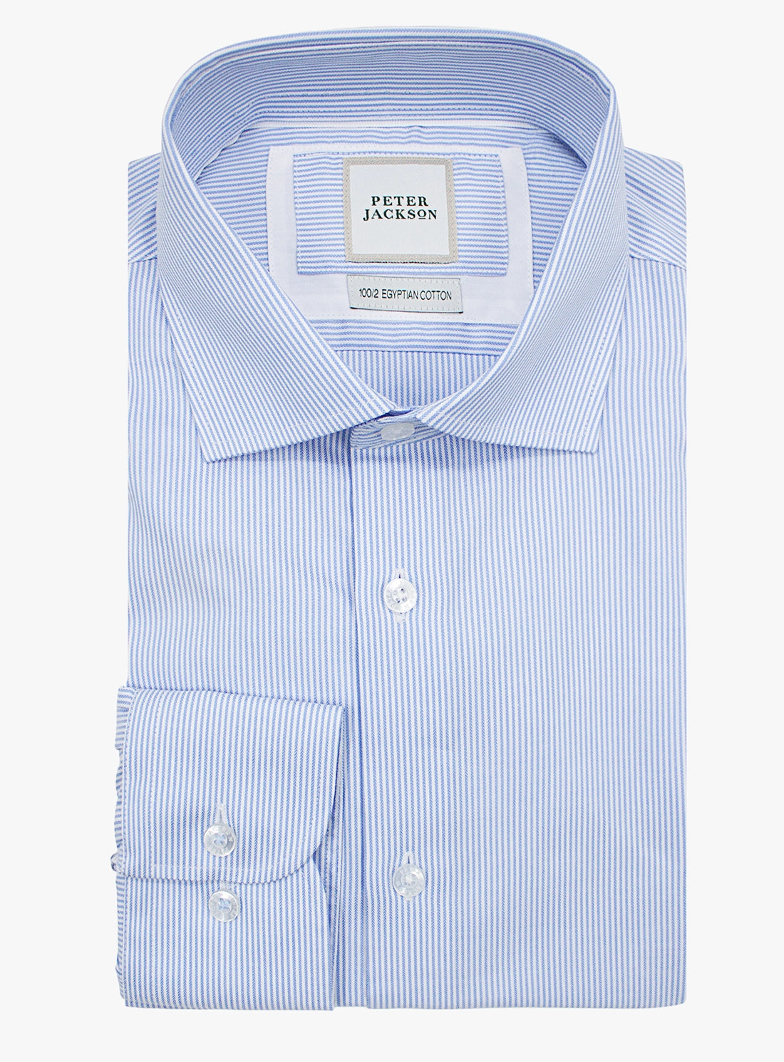Folded blue and white striped dress shirt with 'Peter Jackson' label on a white background