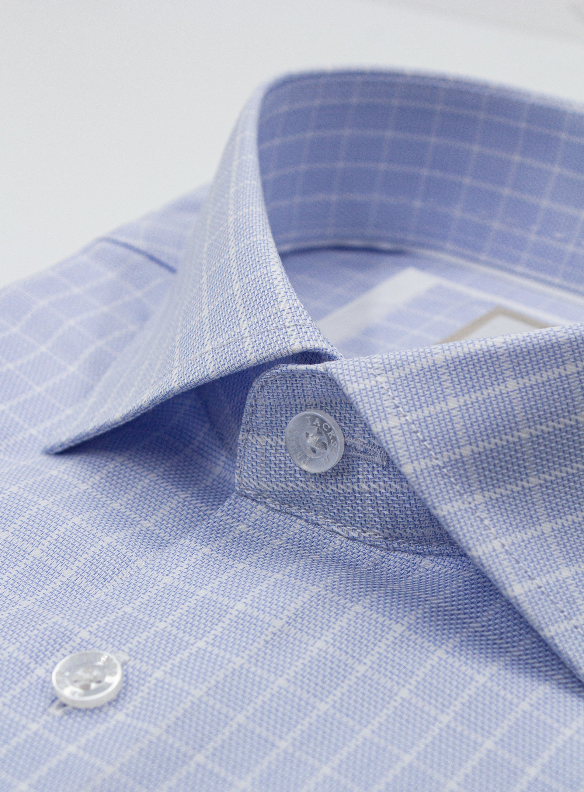 Close-up of the collar on the Milan Micro Check Sky Blue Shirt