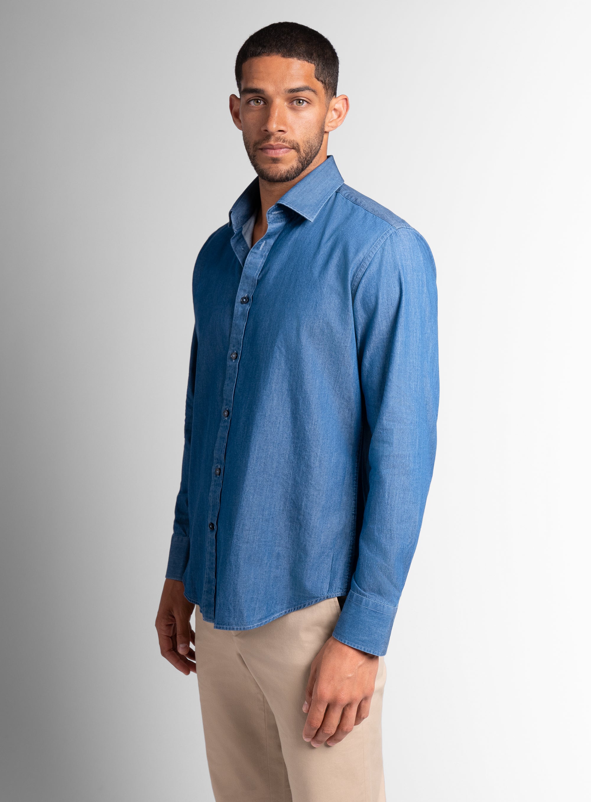 A side-view of the Piero Washed Denim Blue Slim Fit Shirt