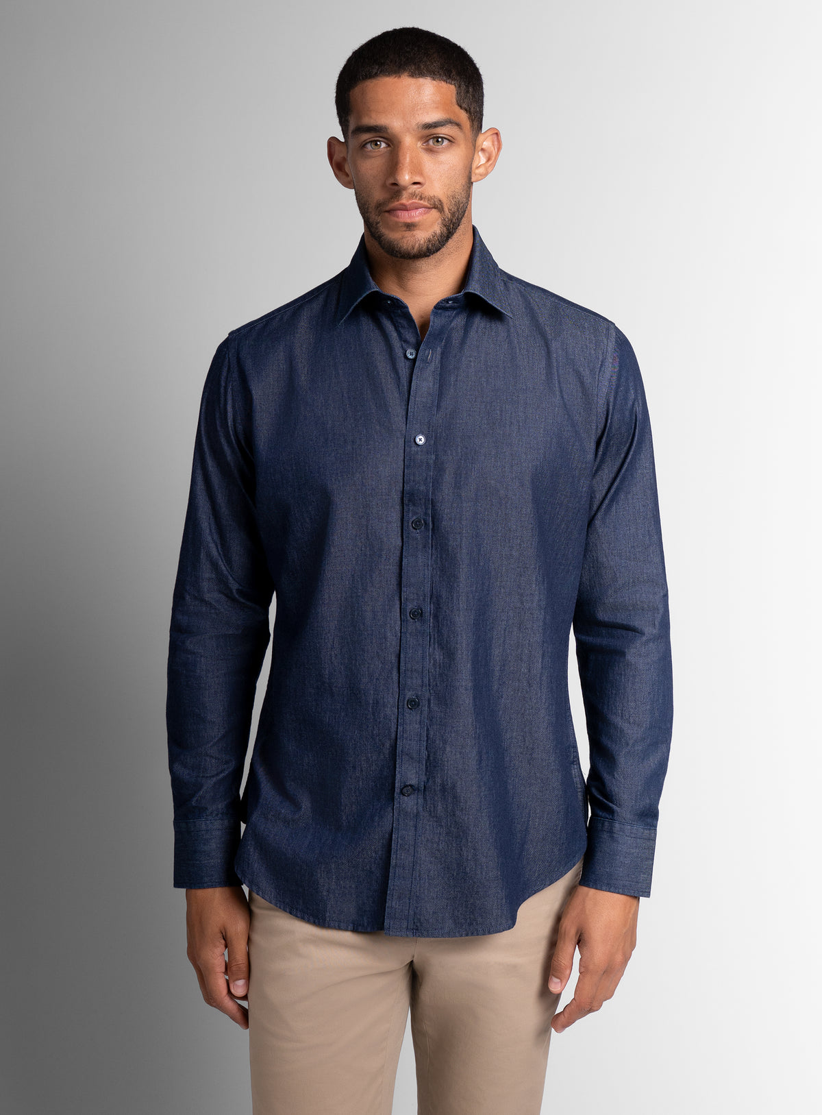 A man wearing the Piero Denim Indigo Blue Slim Fit Shirt