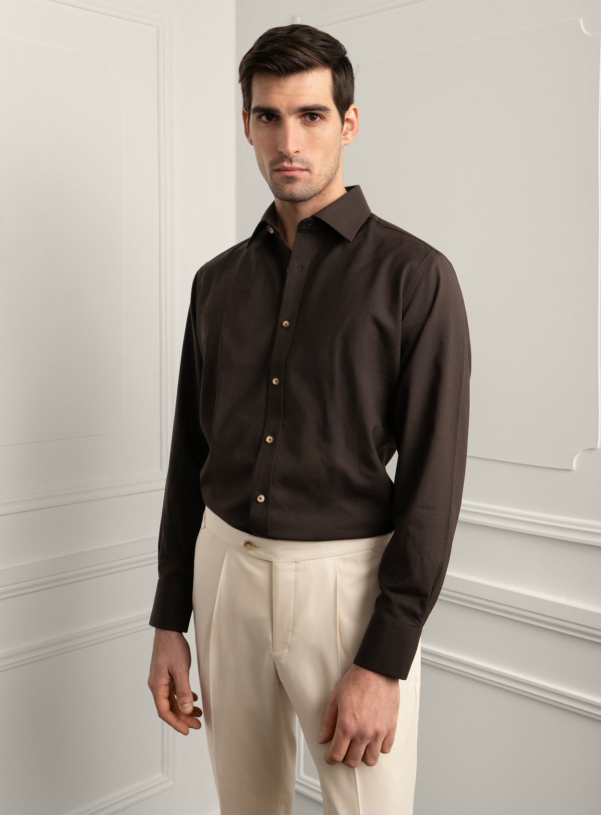 Piero Slim Fit Wool Twill Brown Shirt