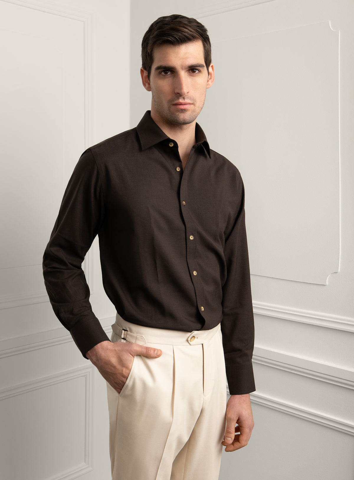Piero Slim Fit Wool Twill Brown Shirt