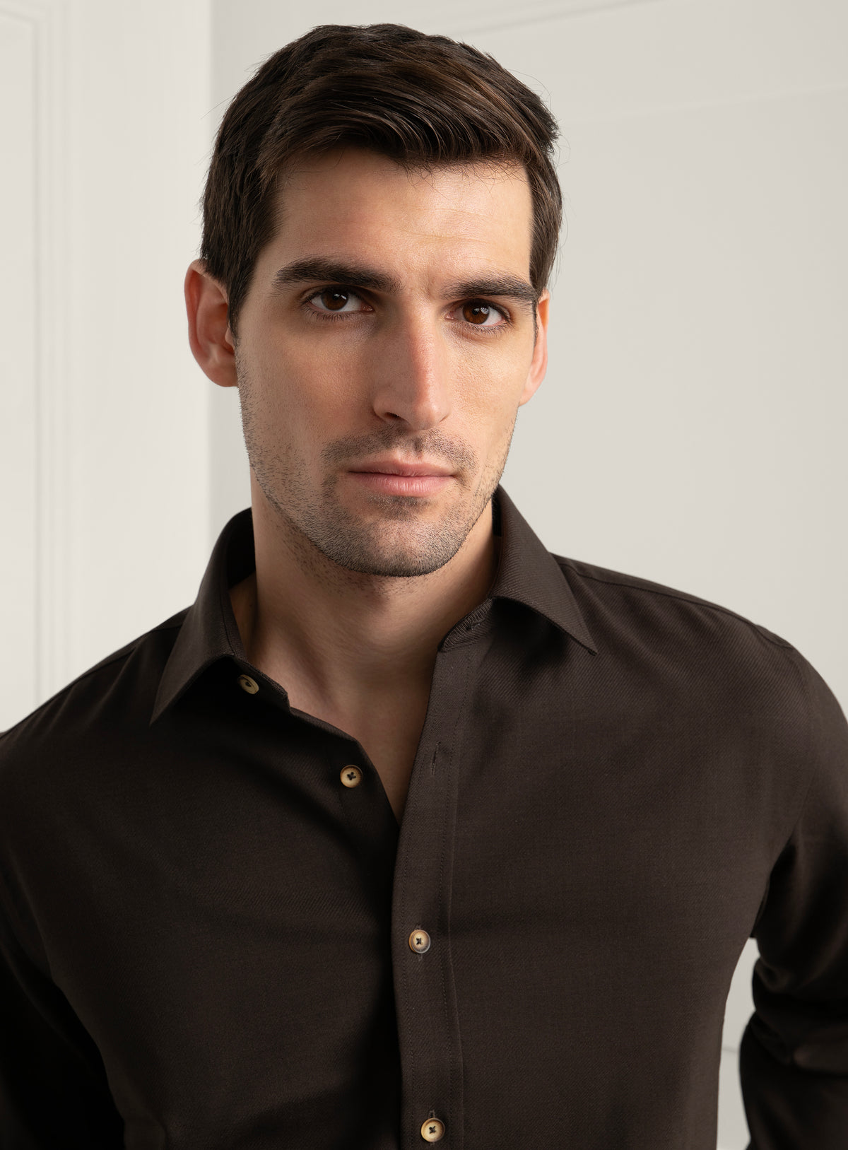 Piero Slim Fit Wool Twill Brown Shirt