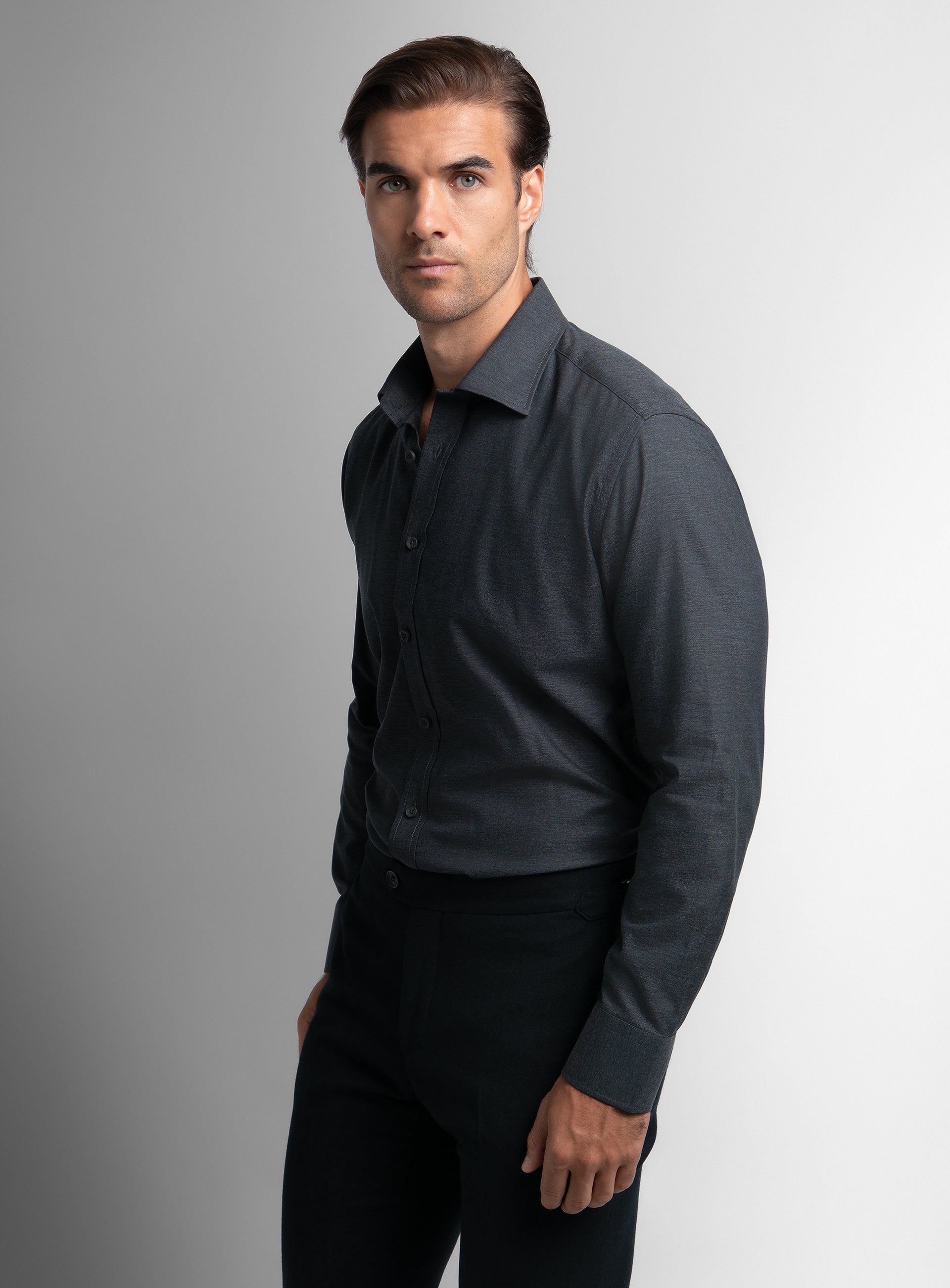 A side-view of the Piero Flannel Slim Fit Charcoal Shirt
