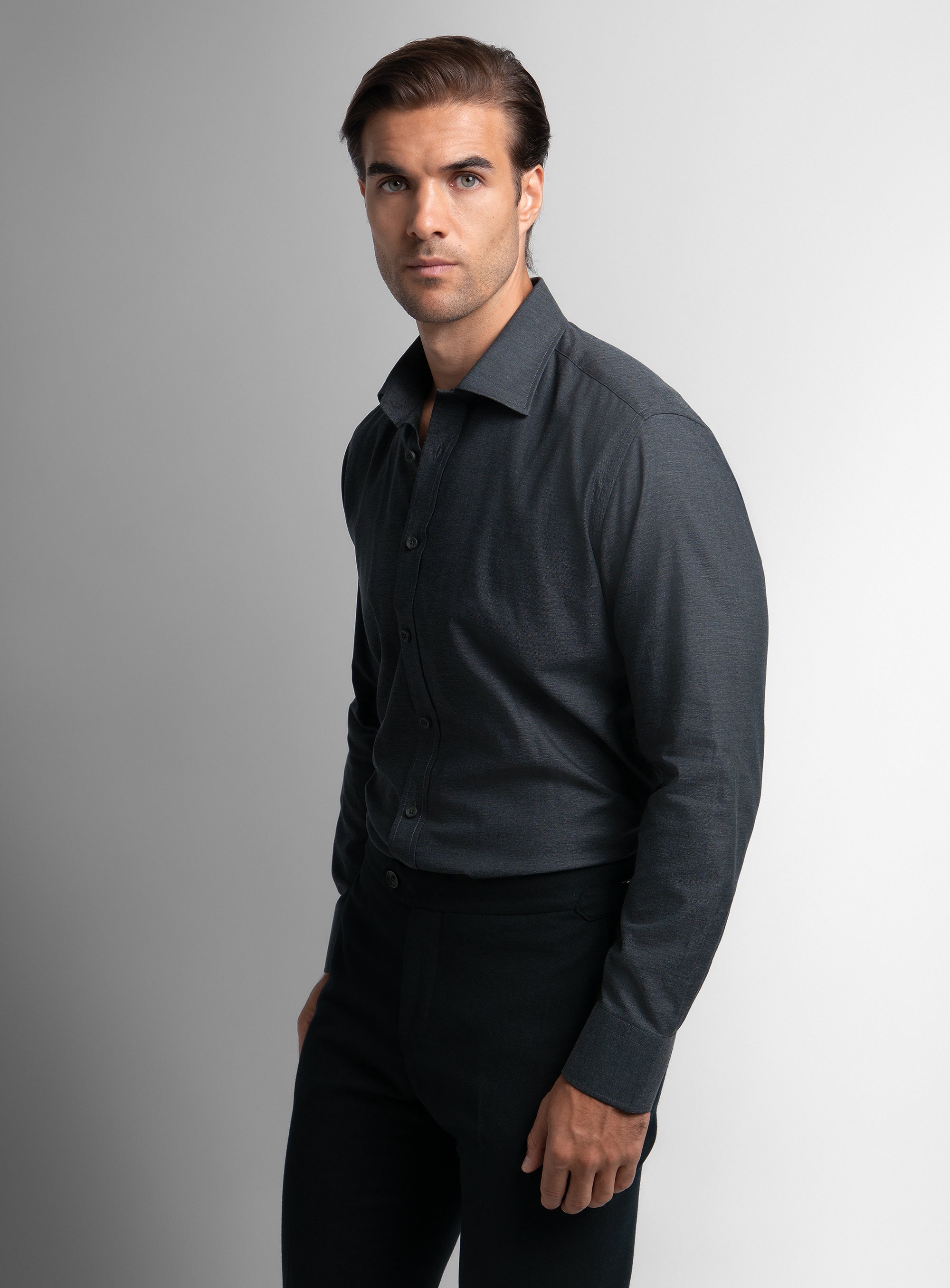 A side-view of the Piero Flannel Slim Fit Charcoal Shirt