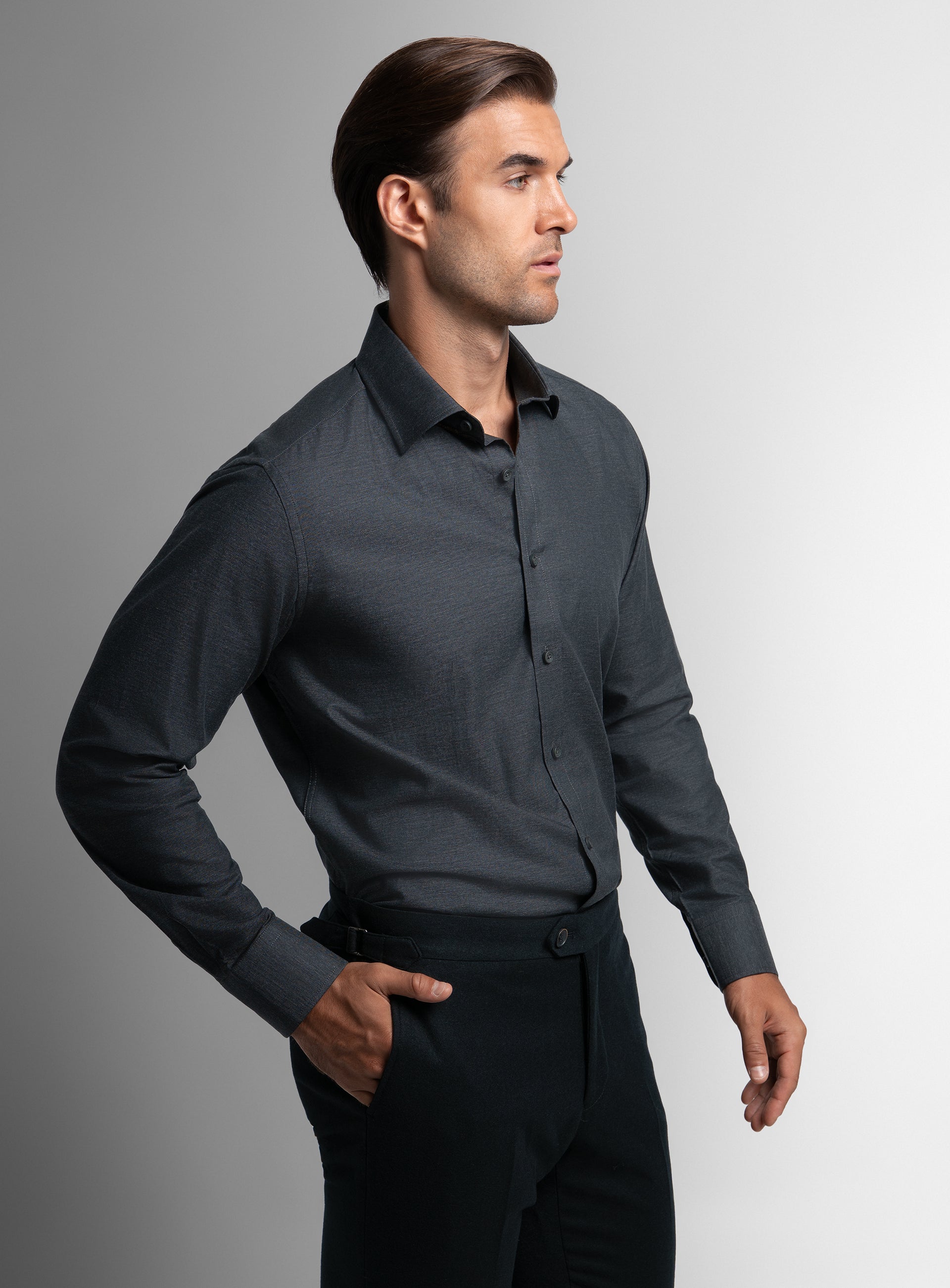 The side of the Piero Flannel Slim Fit Charcoal Shirt
