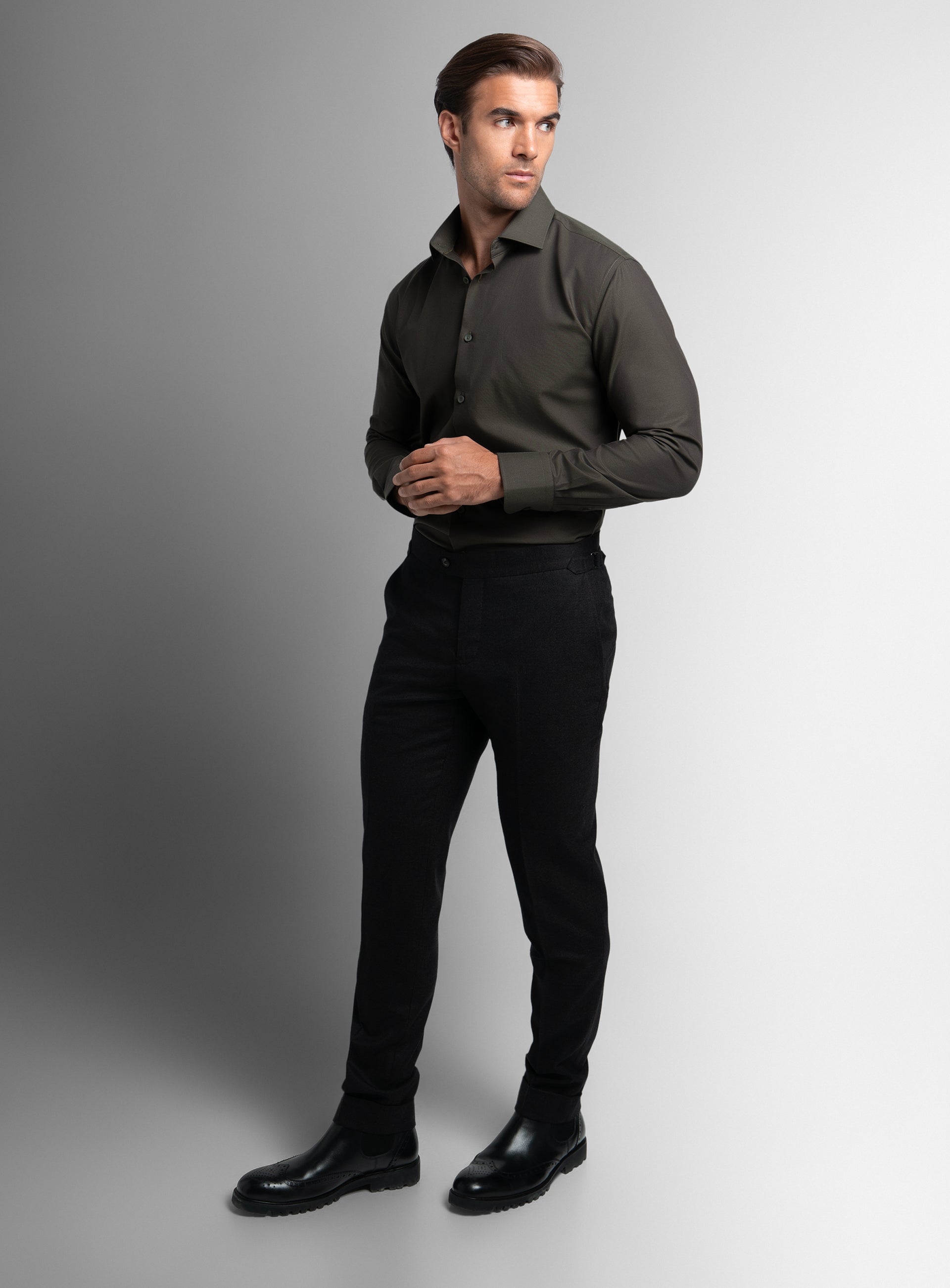 A man wearing the Piero Flannel Slim Fit Chocolate Shirt