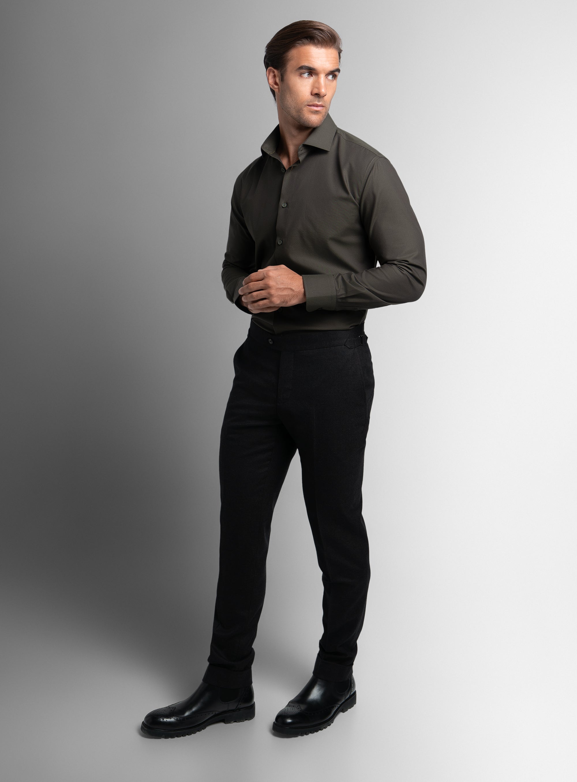A man wearing the Piero Flannel Slim Fit Chocolate Shirt