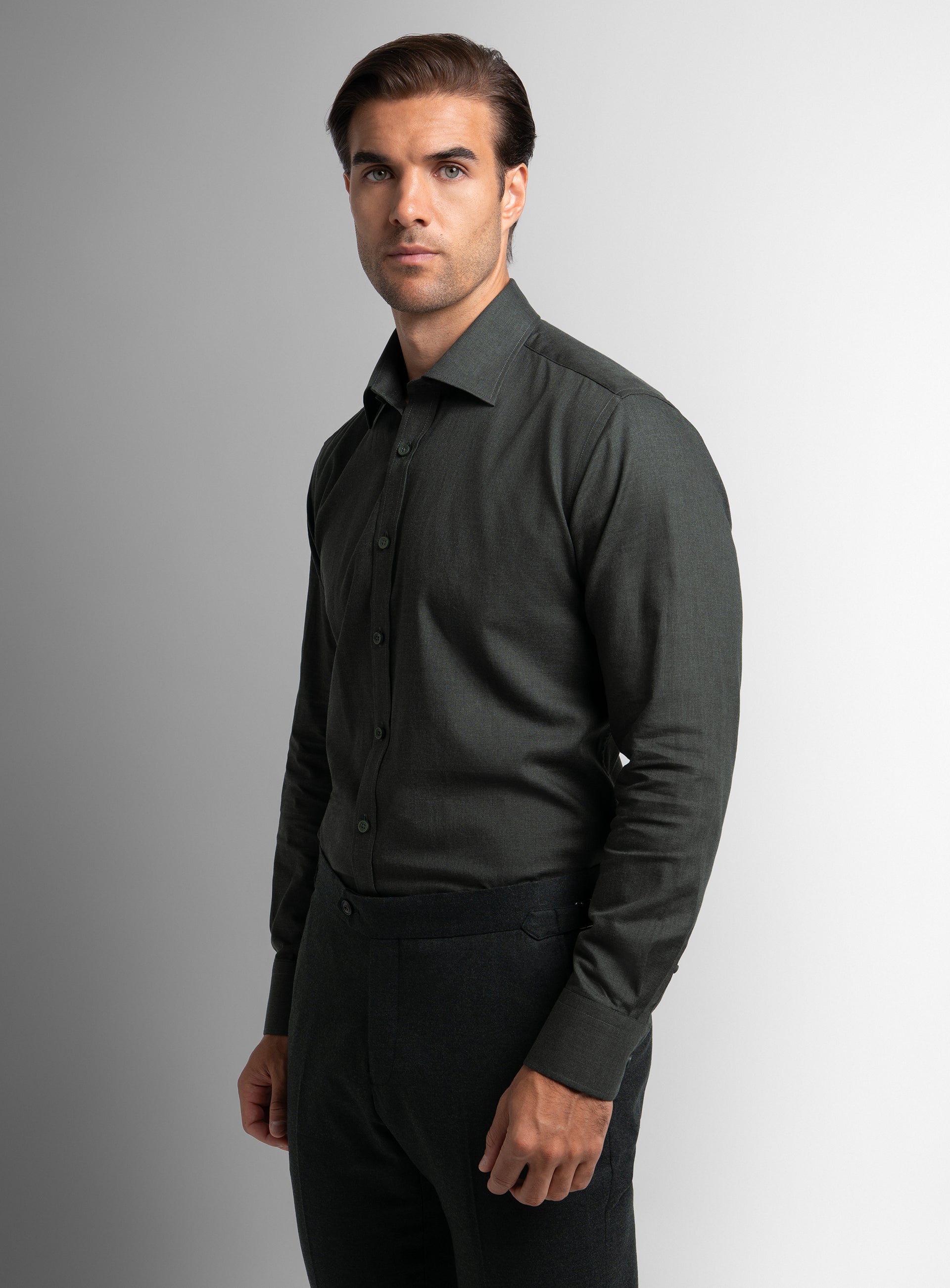 Side-view of the Piero Flannel Slim Fit Green Shirt