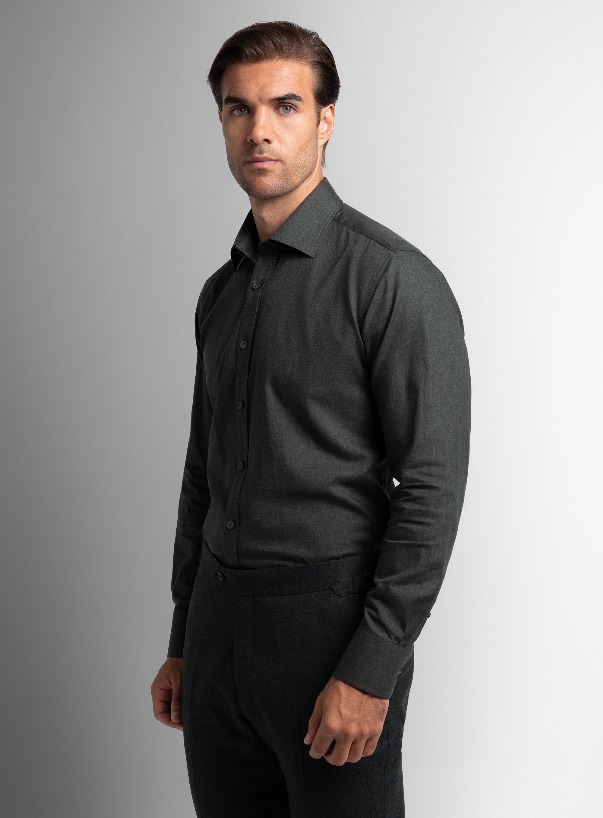 Side-view of the Piero Flannel Slim Fit Green Shirt