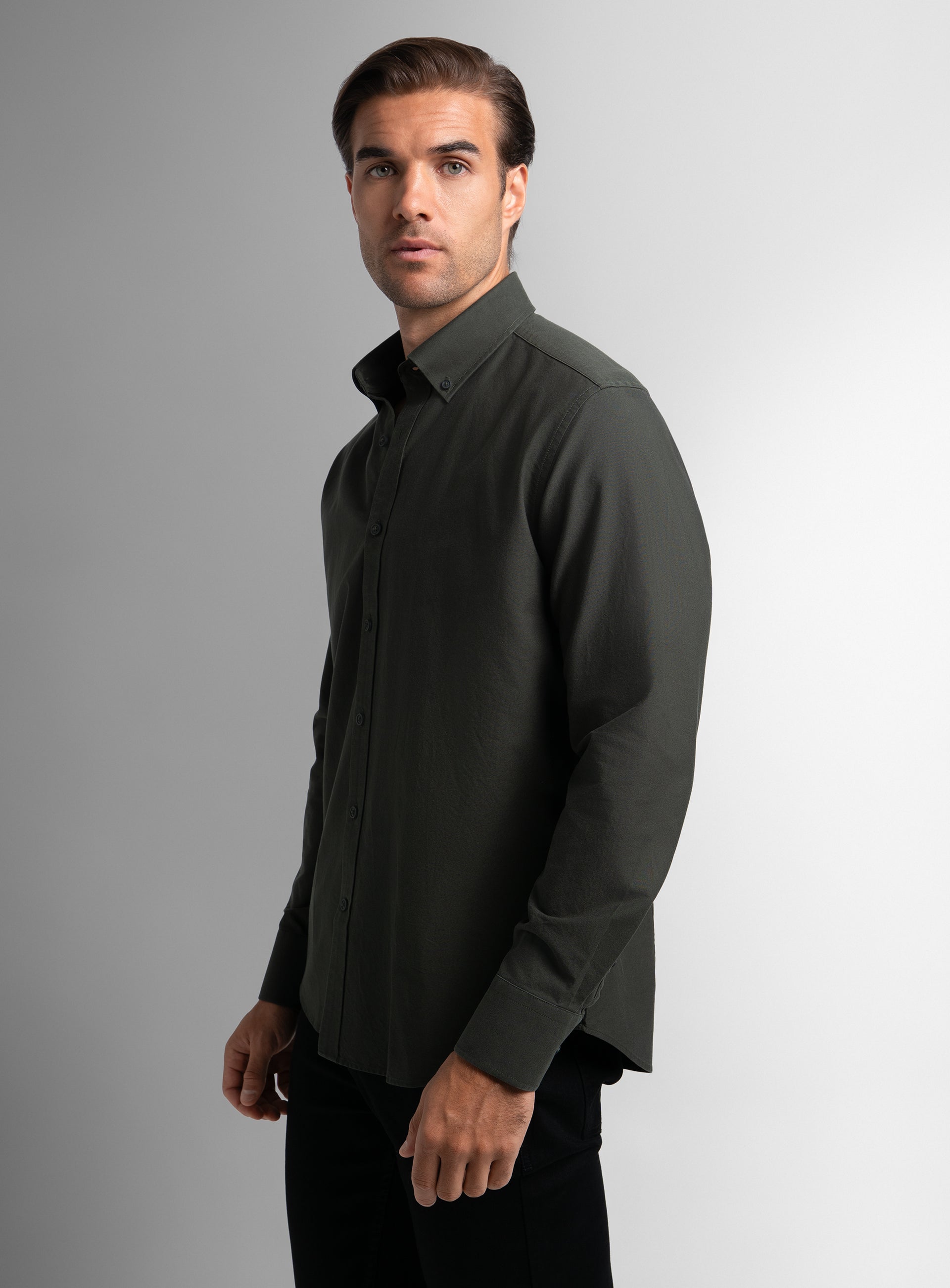 A side-view of the Paolo Oxford Slim Fit Olive Green Shirt
