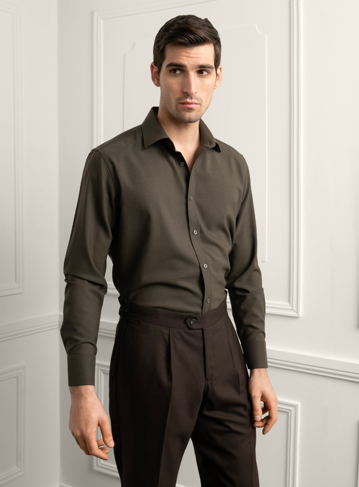 Piero Slim Fit Wool Twill Green Shirt
