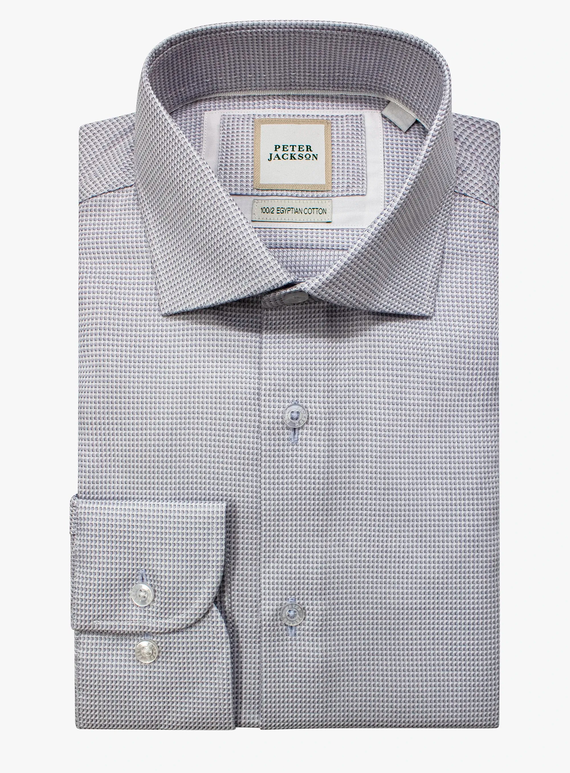 Gray checkered dress shirt with Peter Jackson label on a white background