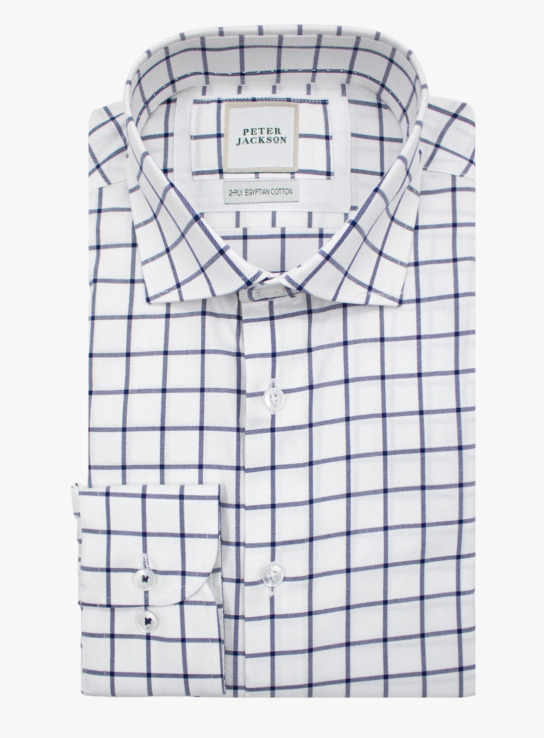 White shirt with blue check pattern and Peter Jackson label on a white background