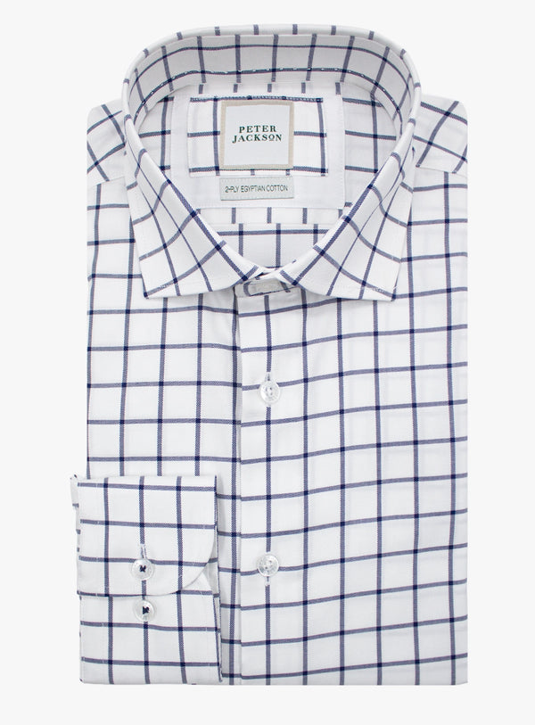 White shirt with blue check pattern and Peter Jackson label on a white background