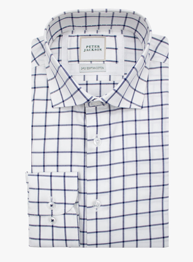 White shirt with blue check pattern and Peter Jackson label on a white background